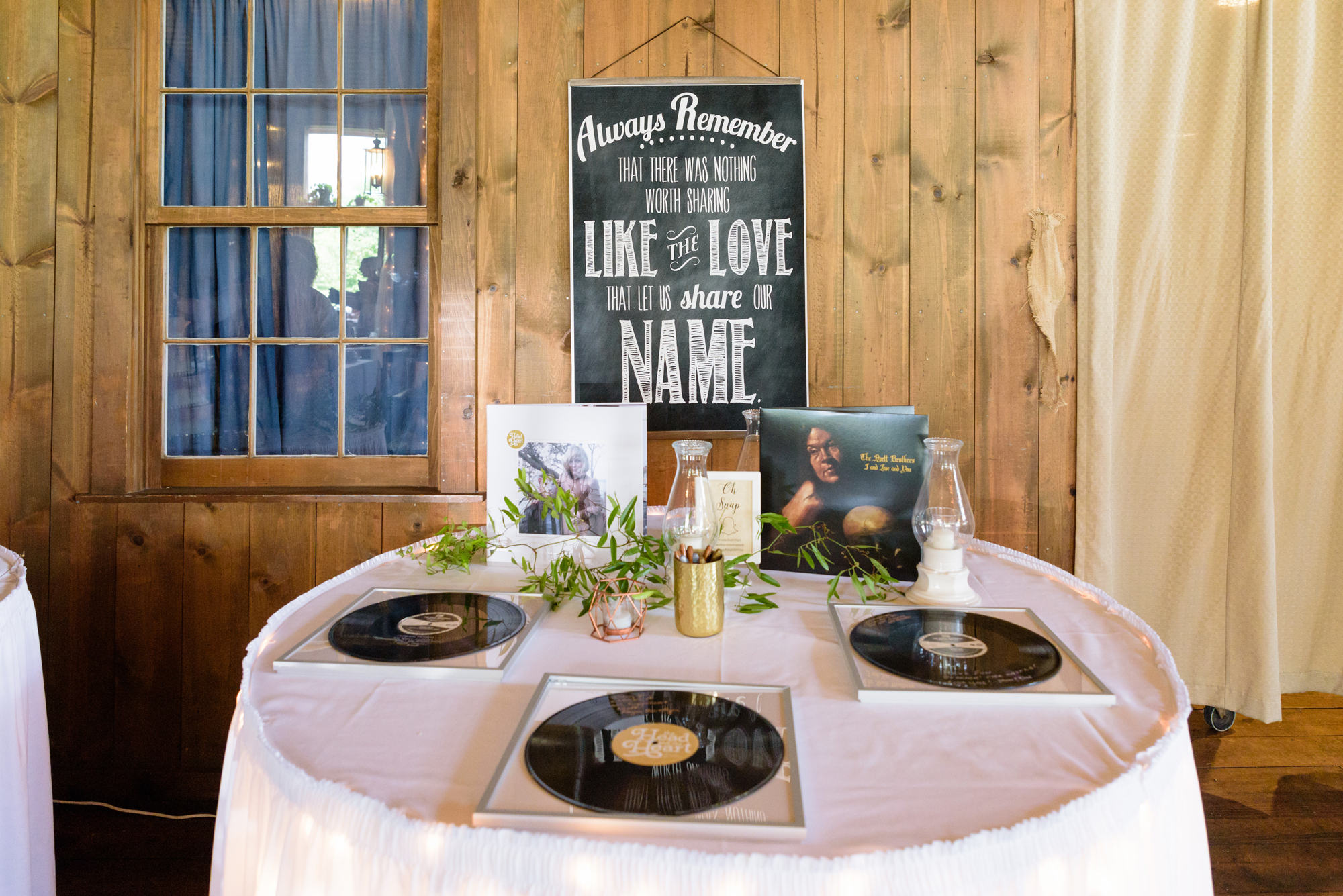 Wedding reception details at Amish Acres Vinyl record guest book