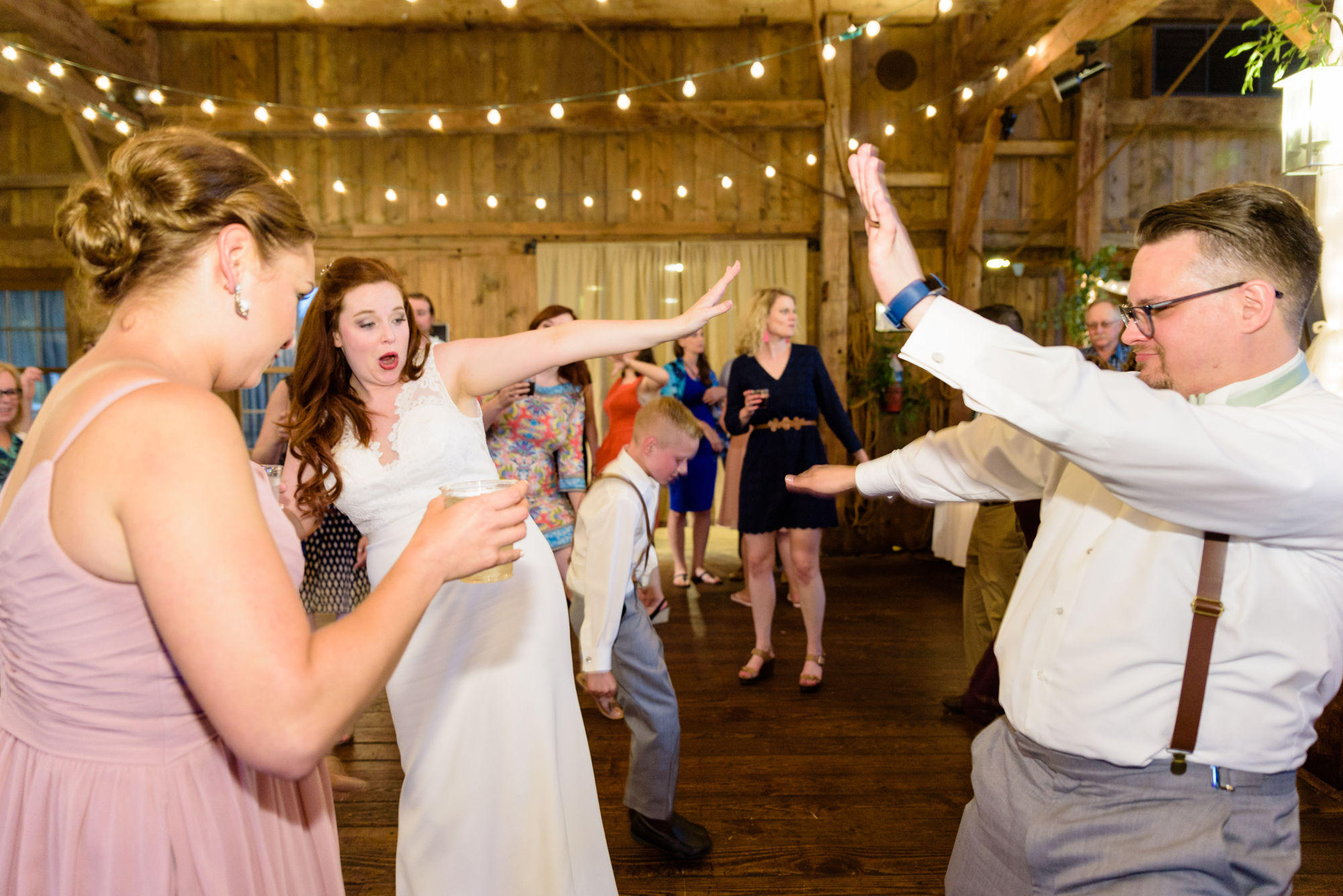 Dancing at a wedding reception at Amish Acres
