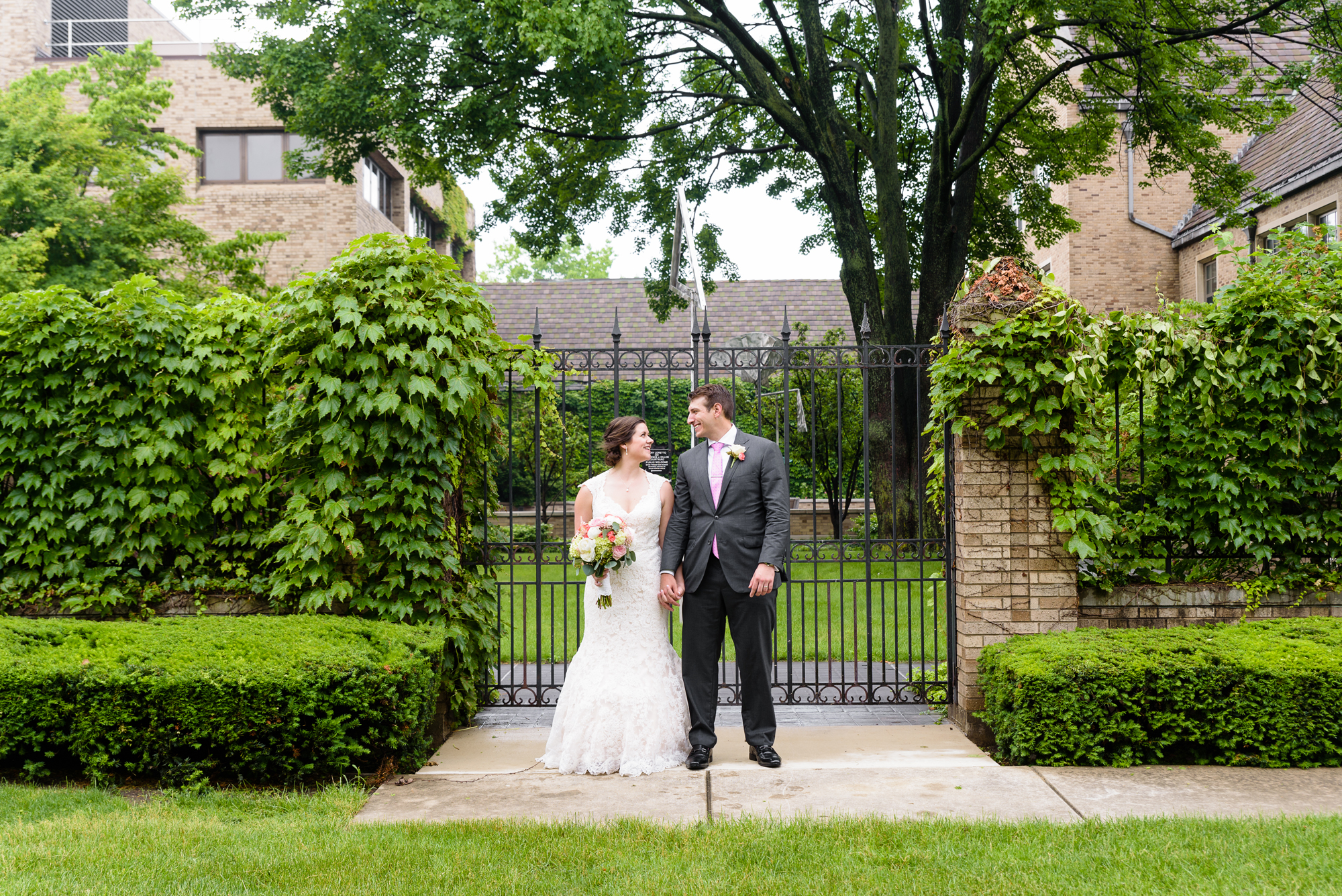 Bride & Groom outside the Snite Museum after their wedding ceremony at the Basilica of the Sacred Heart on the campus of University of Notre Dame