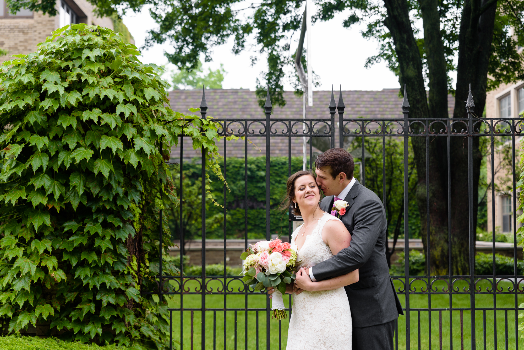 Bride & Groom outside the Snite Museum after their wedding ceremony at the Basilica of the Sacred Heart on the campus of University of Notre Dame