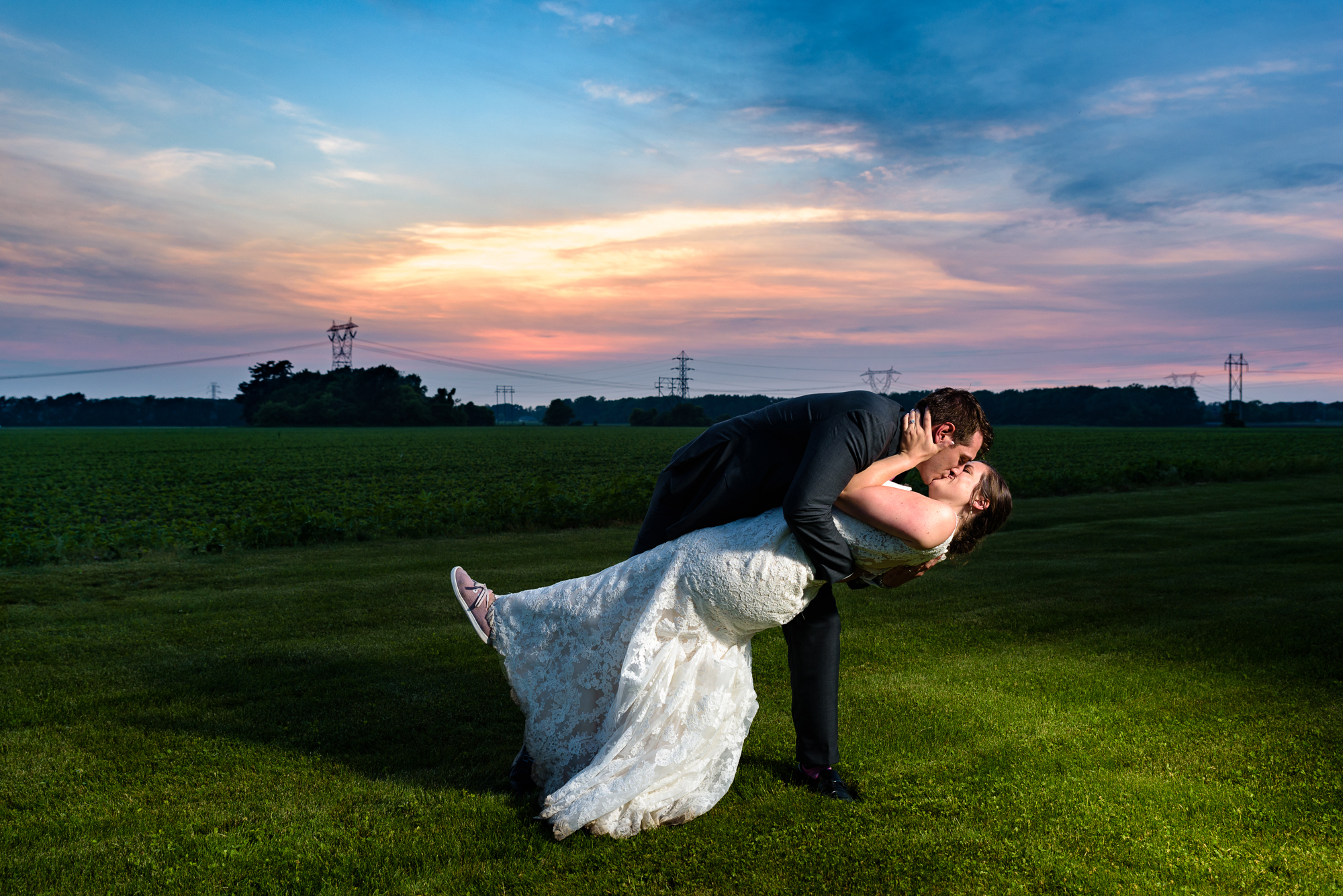 Sunset shot of Bride & Groom at a Wedding reception at the Homestead 1835