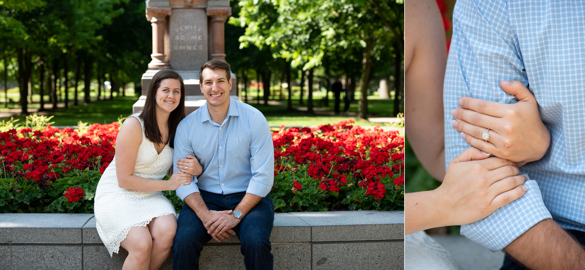 Couple on God Quad in front of the Jesus Statue on the campus of University of Notre Dame