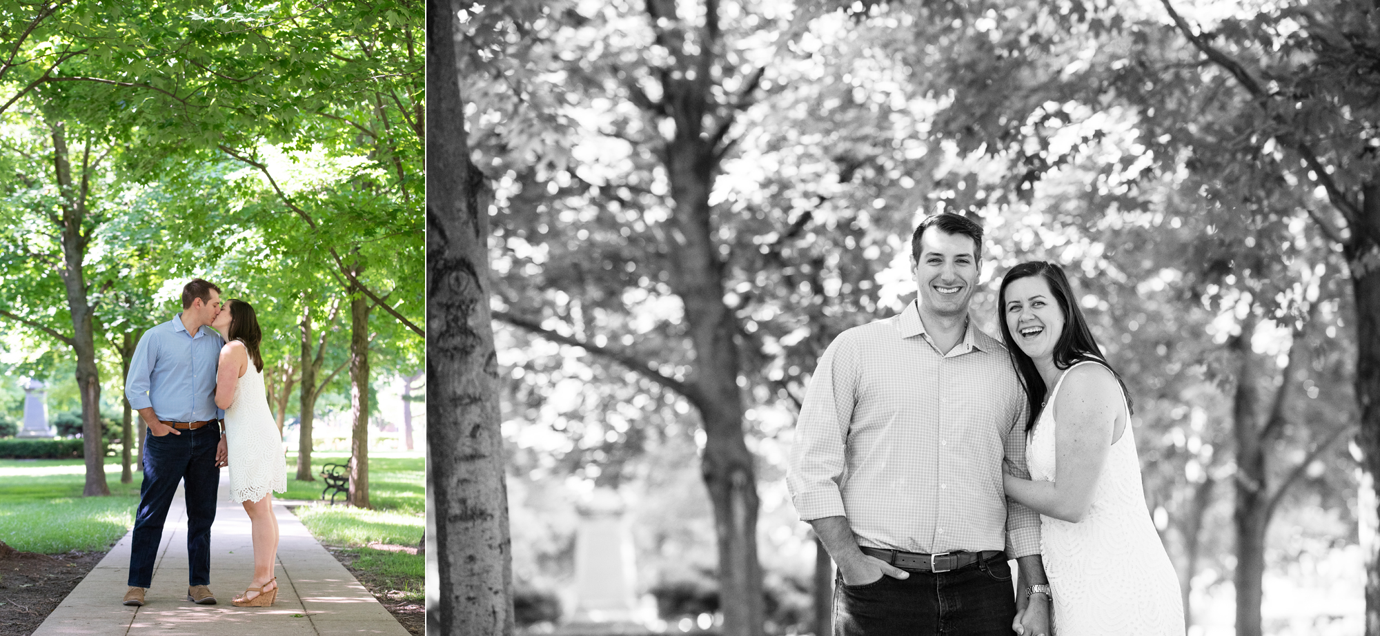 Couple on God Quad under the canopy of trees on the campus of University of Notre Dame