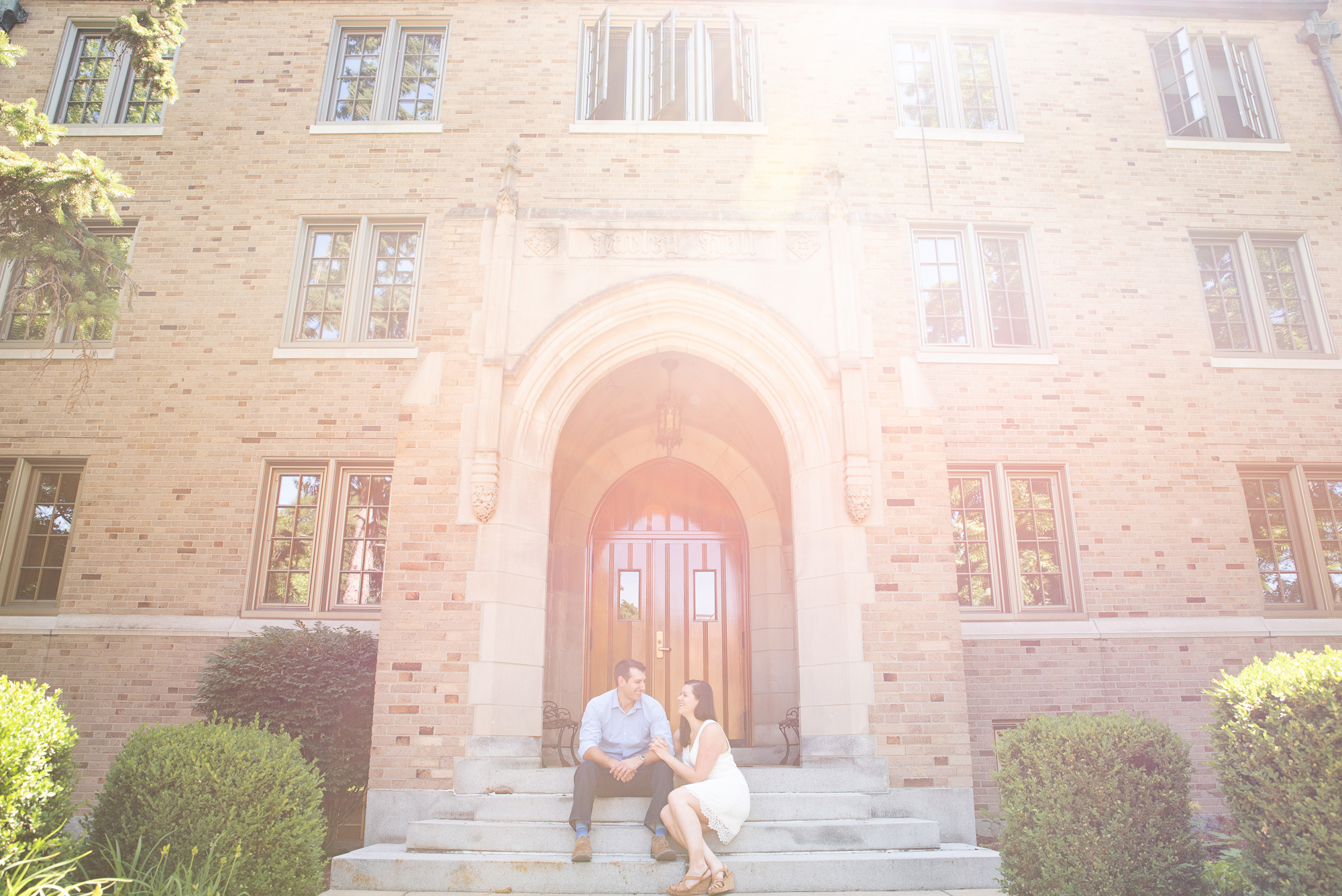 Couple in front of Farley Hall on the campus of University of Notre Dame