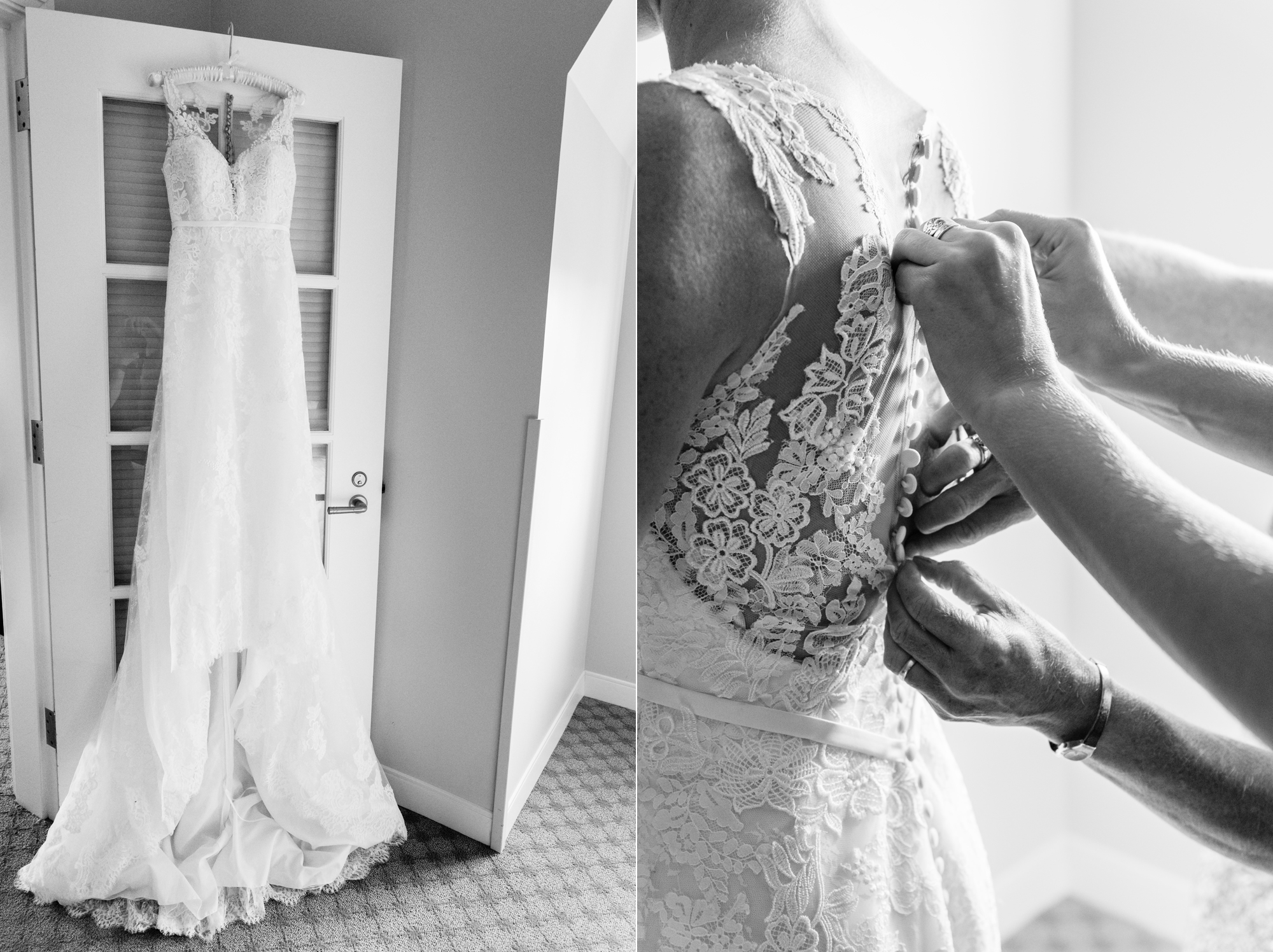 Bride's dress details before a wedding ceremony at the Basilica of the Sacred Heart on the campus of the University of Notre Dame