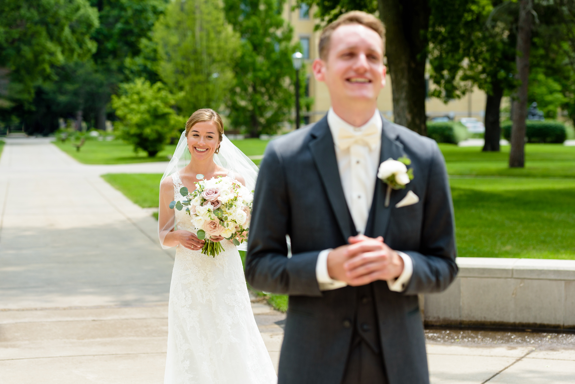 Bride & Groom during their first look before their wedding ceremony at the Basilica of the Sacred Heart on the campus of the University of Notre Dame