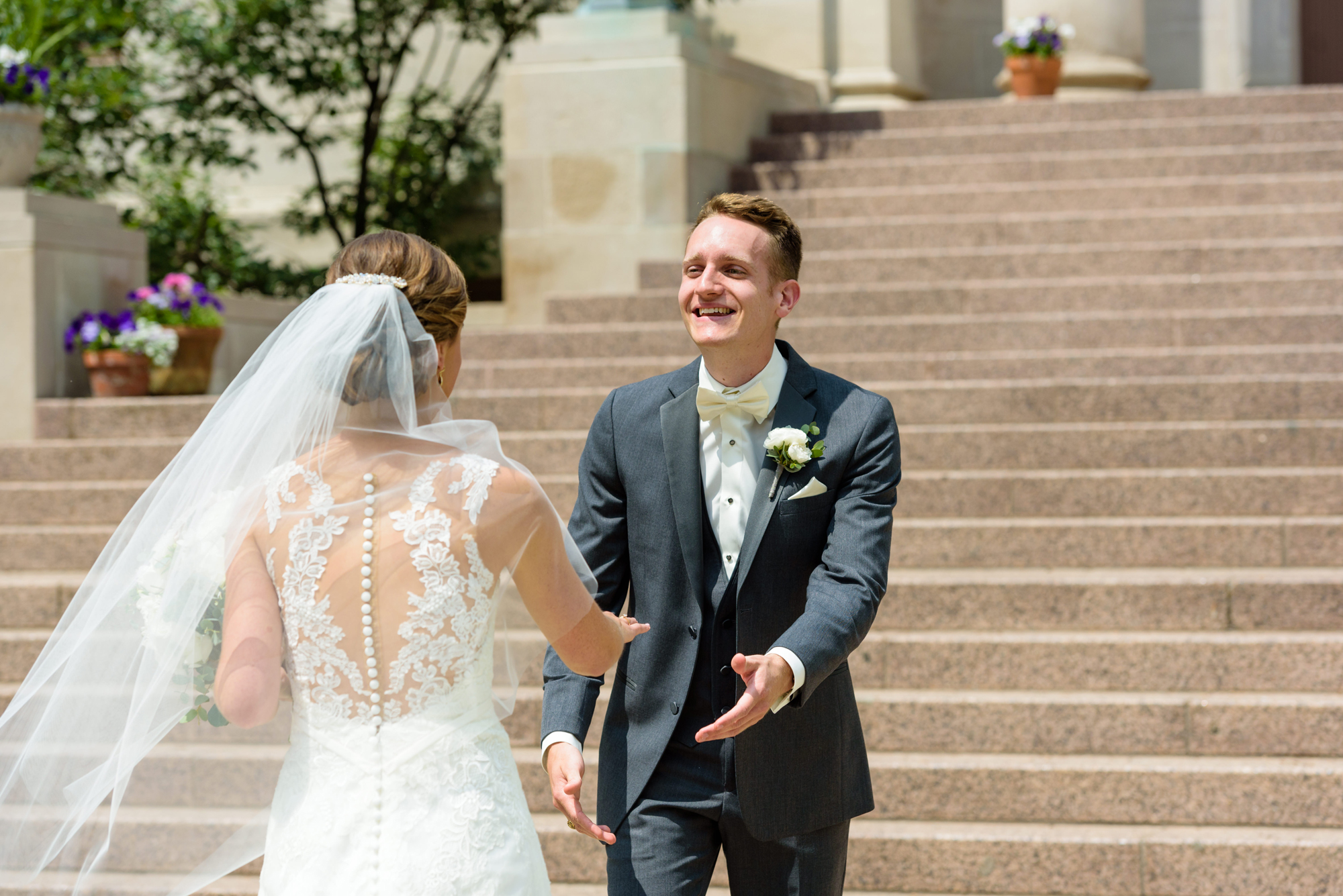 Bride & Groom during their first look before their wedding ceremony at the Basilica of the Sacred Heart on the campus of the University of Notre Dame