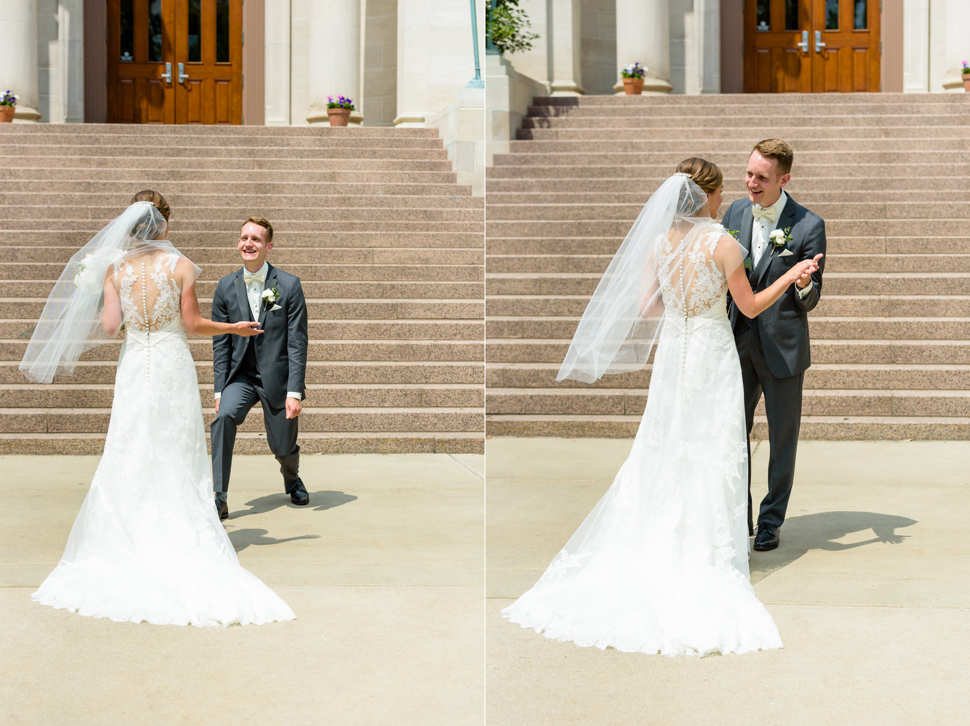 Bride & Groom during their first look before their wedding ceremony at the Basilica of the Sacred Heart on the campus of the University of Notre Dame