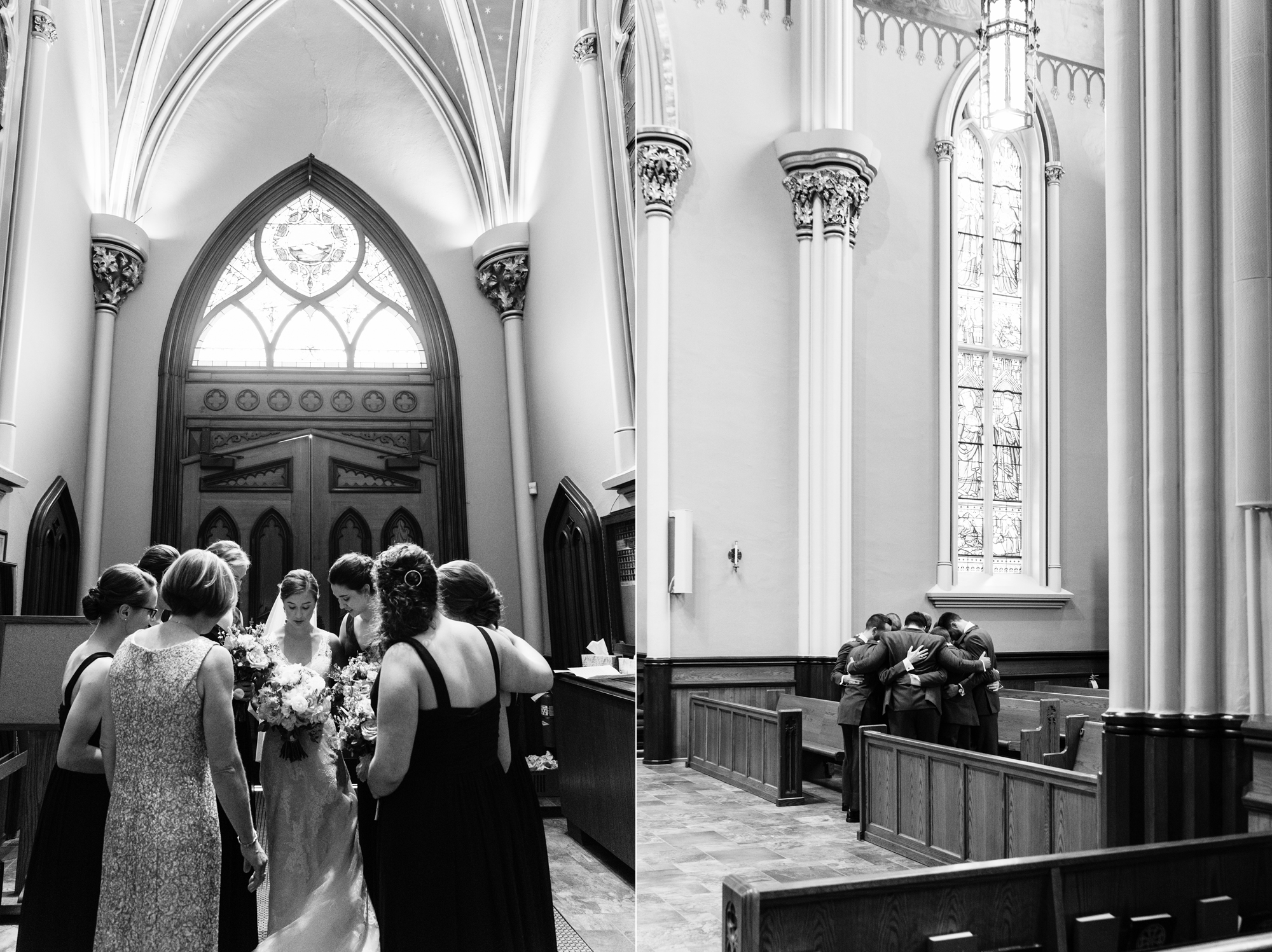 Bride & Groom praying with their bridal party before their wedding ceremony at the Basilica of the Sacred Heart on the campus of the University of Notre Dame