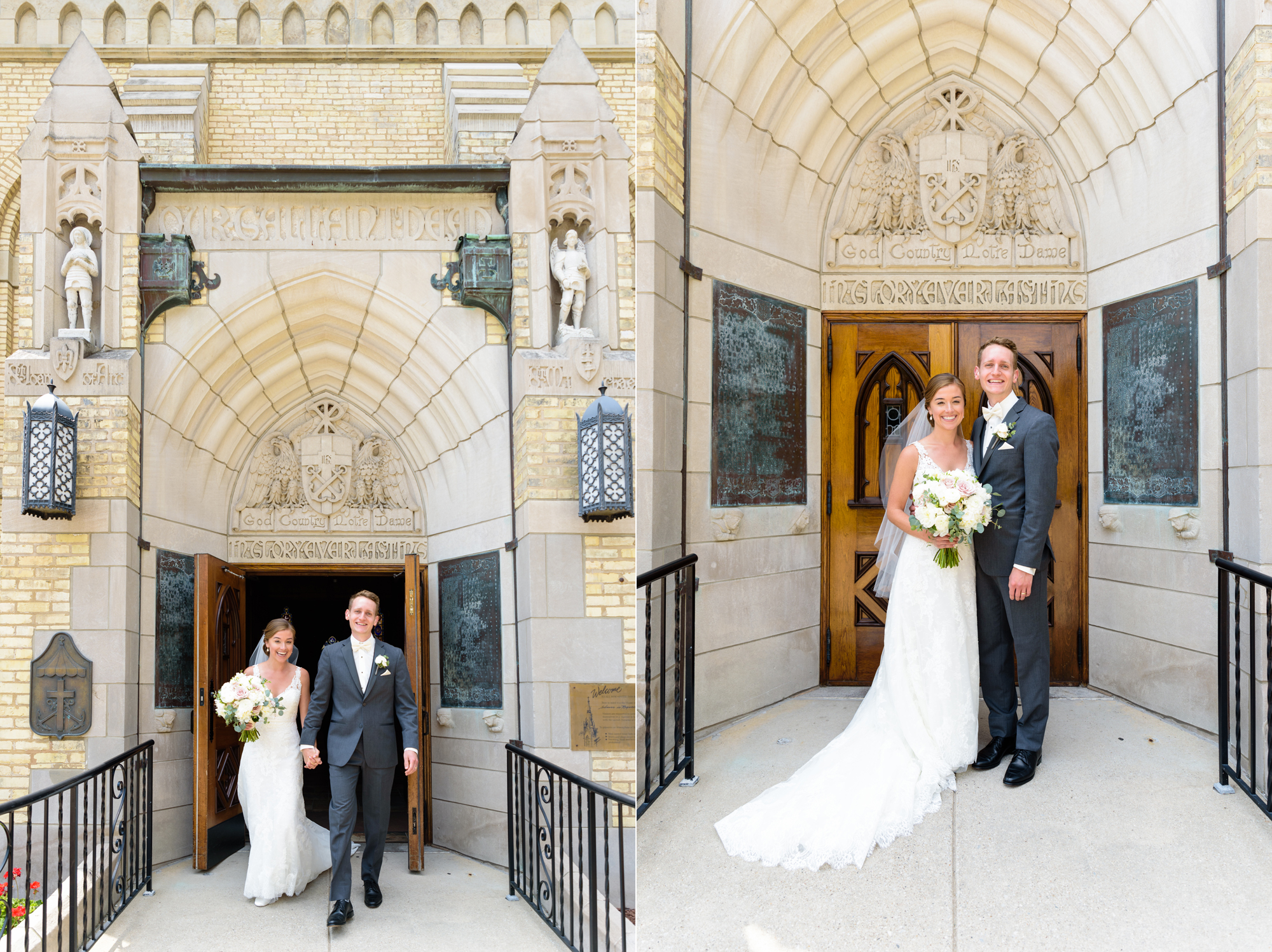 Bride & Groom leaving their wedding ceremony at the Basilica of the Sacred Heart on the campus of the University of Notre Dame from the God Country Doors