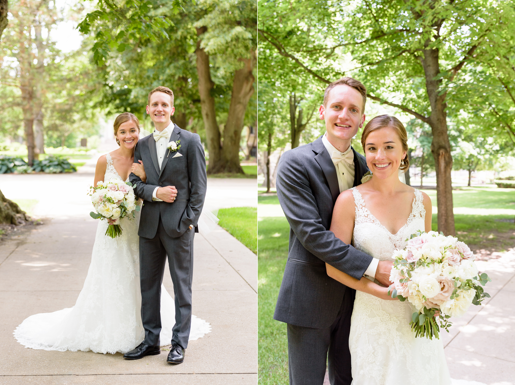 Bride & Groom under the canopy of trees on God Quad on the campus of the University of Notre Dame