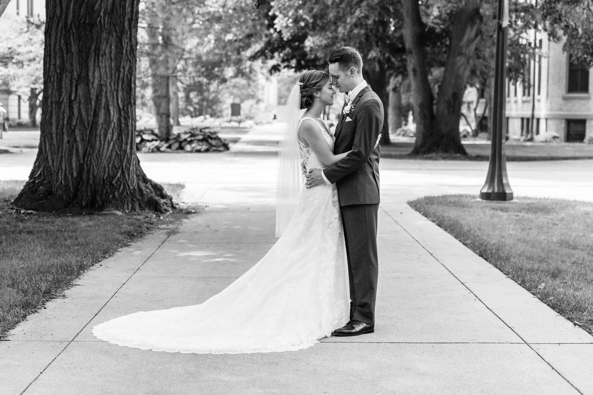 Bride & Groom on God Quad on the campus of the University of Notre Dame