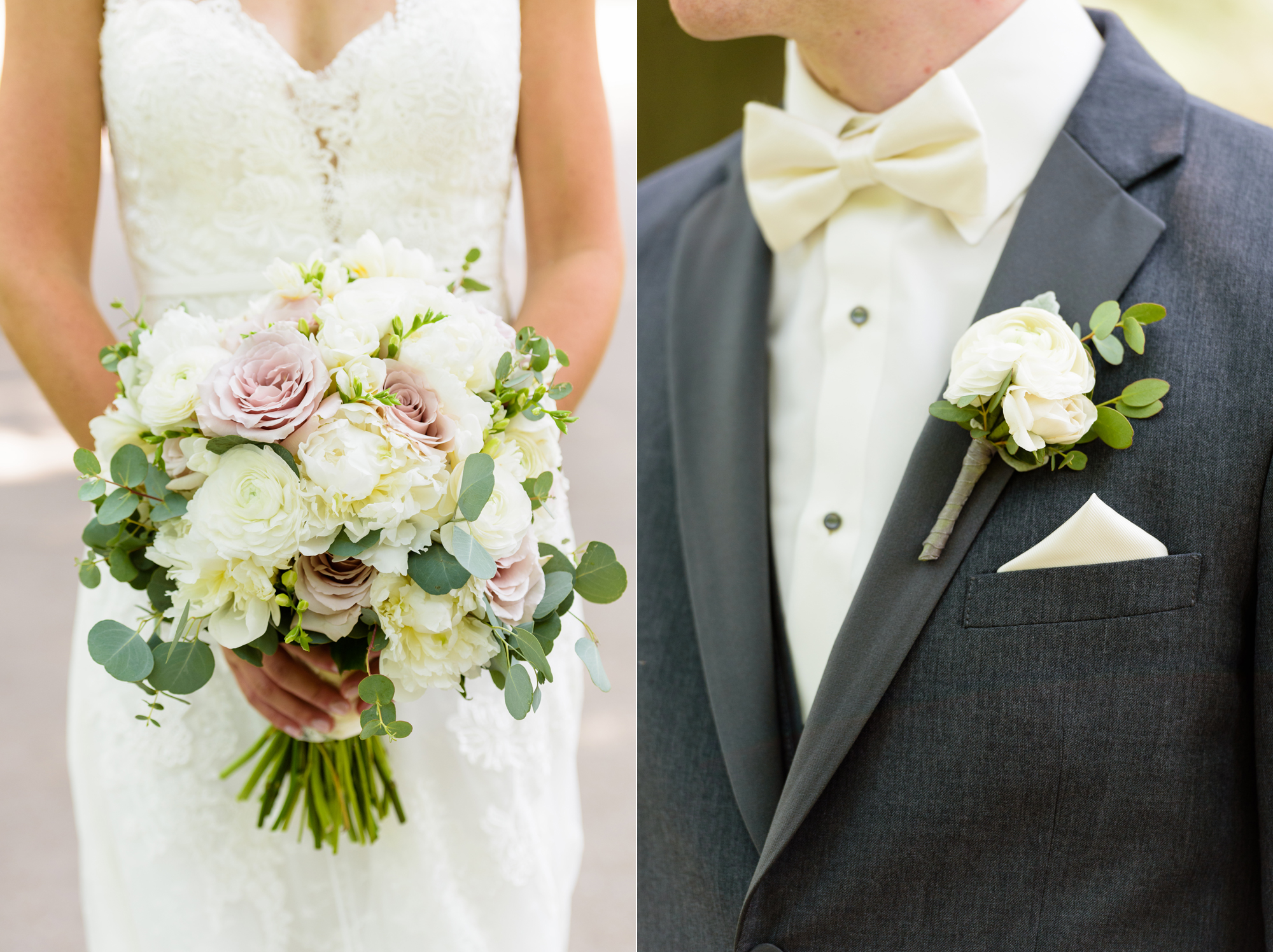 Bridal bouquet & Groom's boutonniere by Poppies by Polly on the campus of the University of Notre Dame