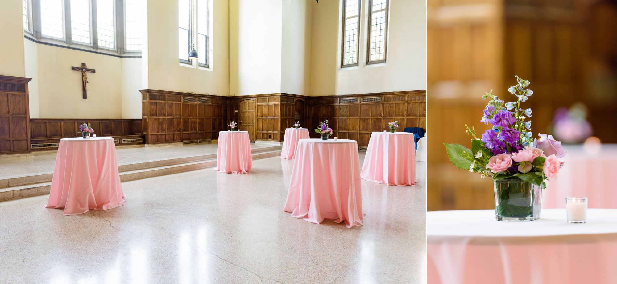 Wedding reception details in South Dining Hall on the campus of the University of Notre Dame