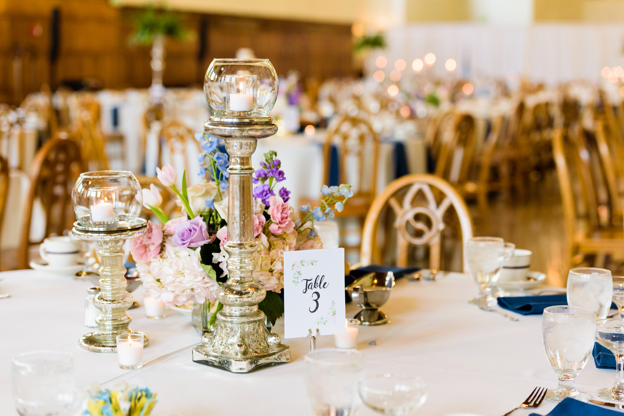 Wedding reception details in South Dining Hall on the campus of the University of Notre Dame