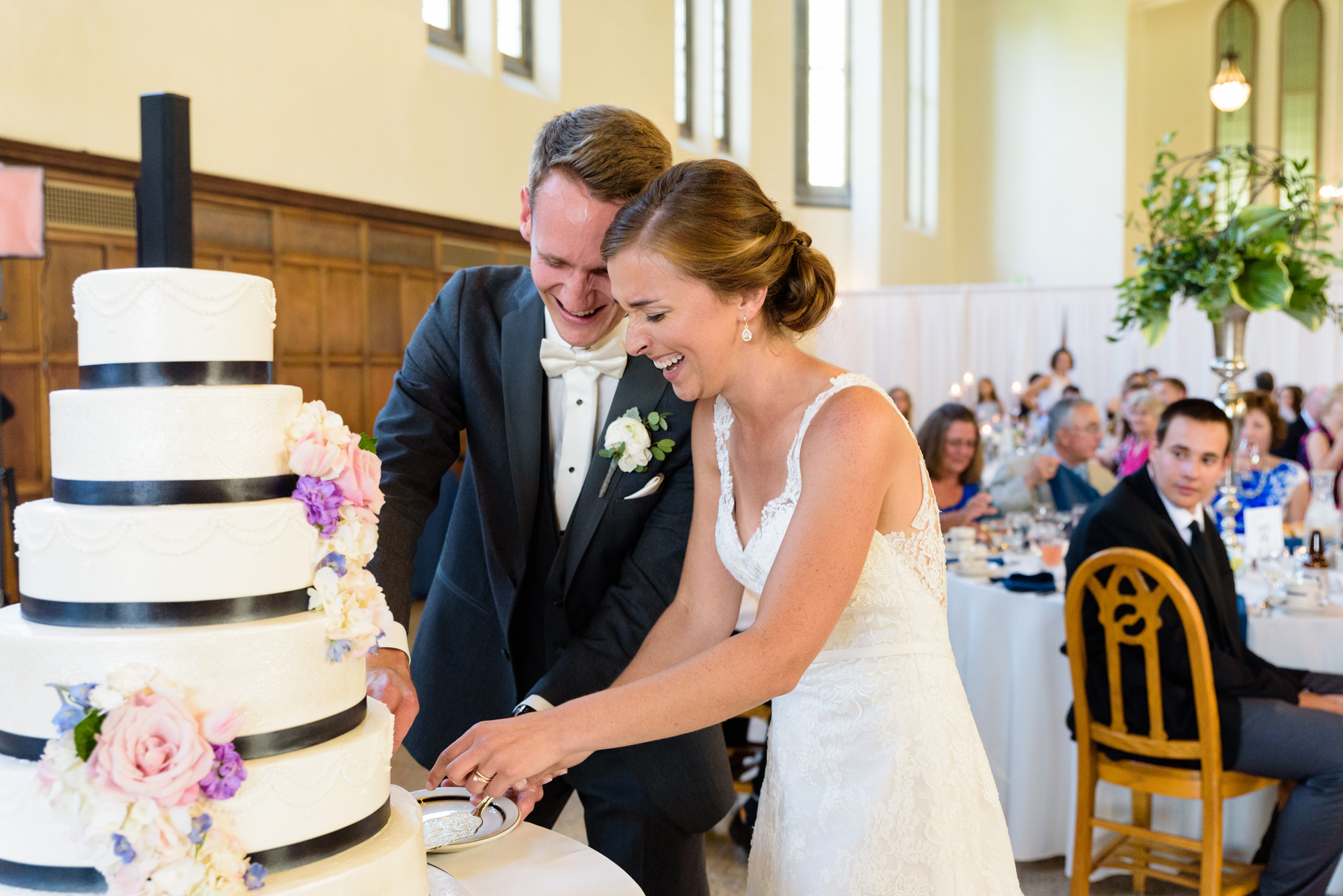 Cake cutting at a Wedding reception in South Dining Hall on the campus of the University of Notre Dame