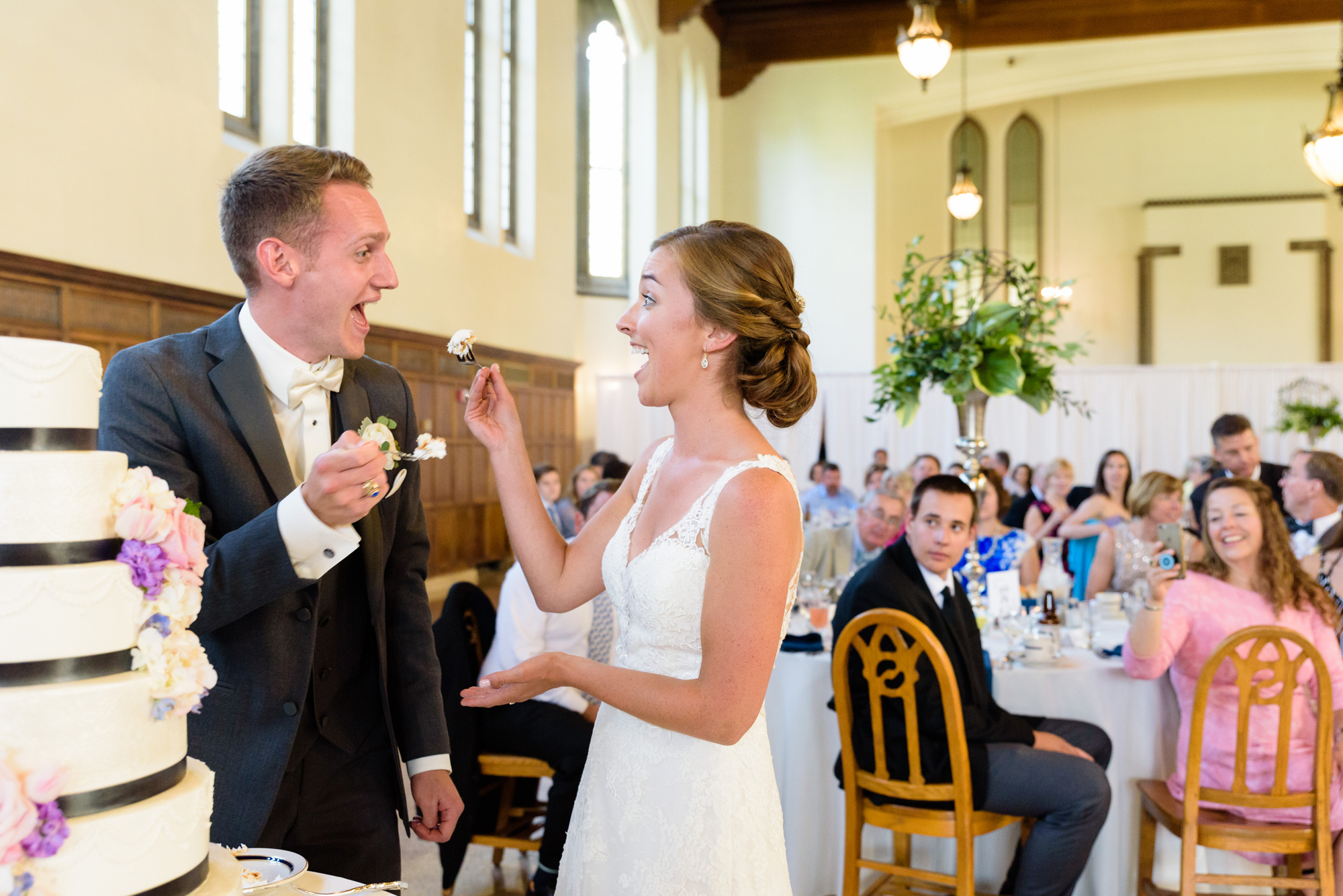 Cake cutting at a Wedding reception in South Dining Hall on the campus of the University of Notre Dame