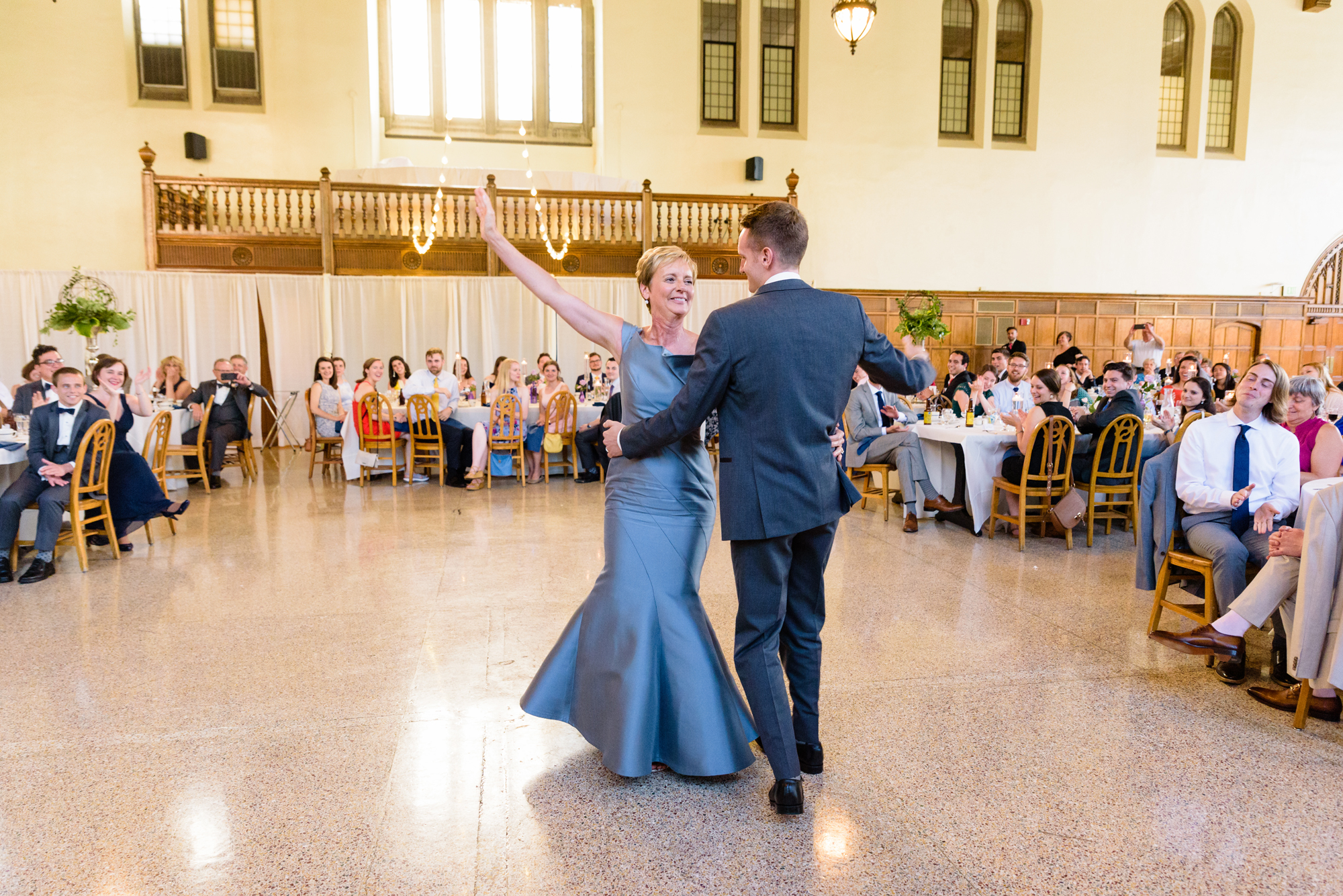 Mother Son Dances at a Wedding reception in South Dining Hall on the campus of the University of Notre Dame