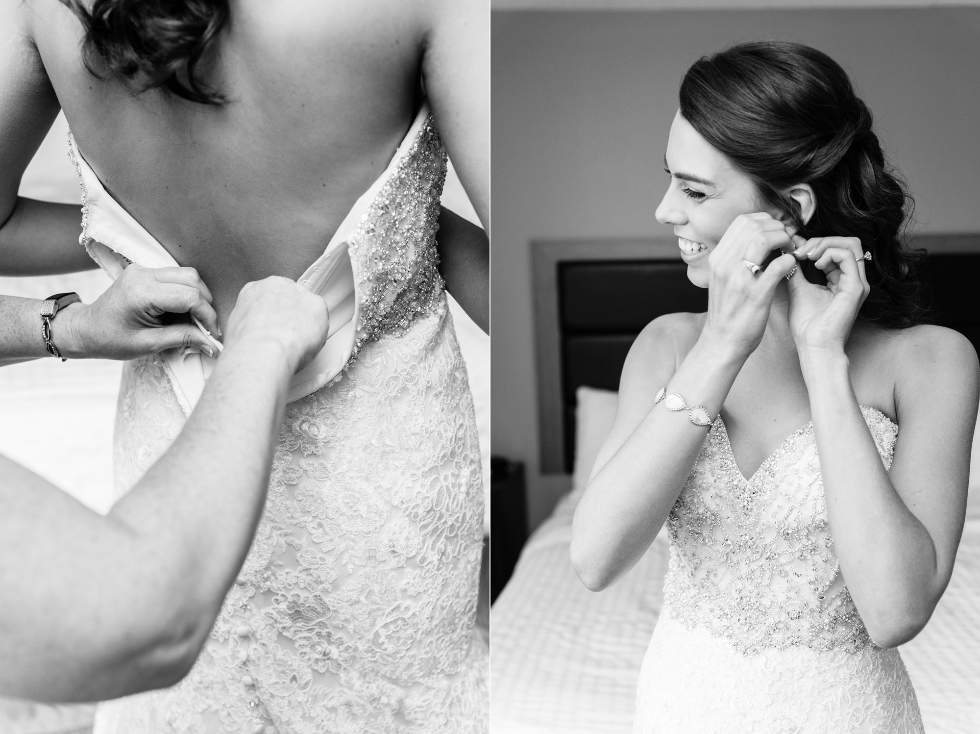 Bride getting ready for her wedding ceremony at the Basilica of the Sacred Heart on the campus of the University of Notre Dame