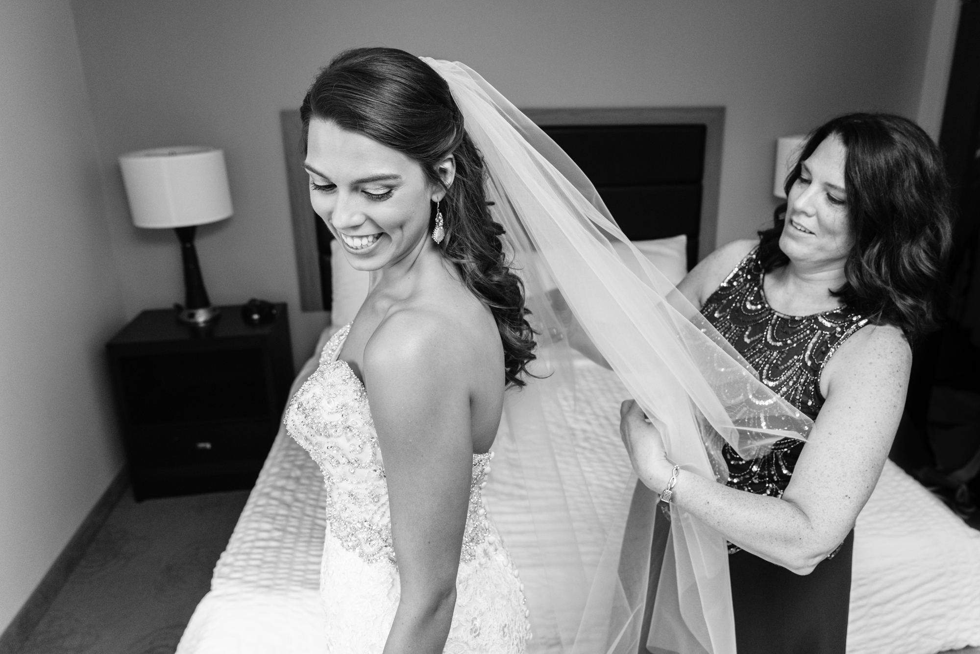 Bride getting ready for her wedding ceremony at the Basilica of the Sacred Heart on the campus of the University of Notre Dame