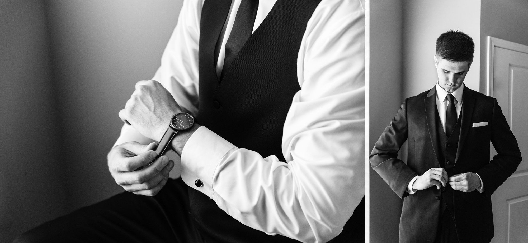 Groom getting ready for his wedding ceremony at the Basilica of the Sacred Heart on the campus of the University of Notre Dame