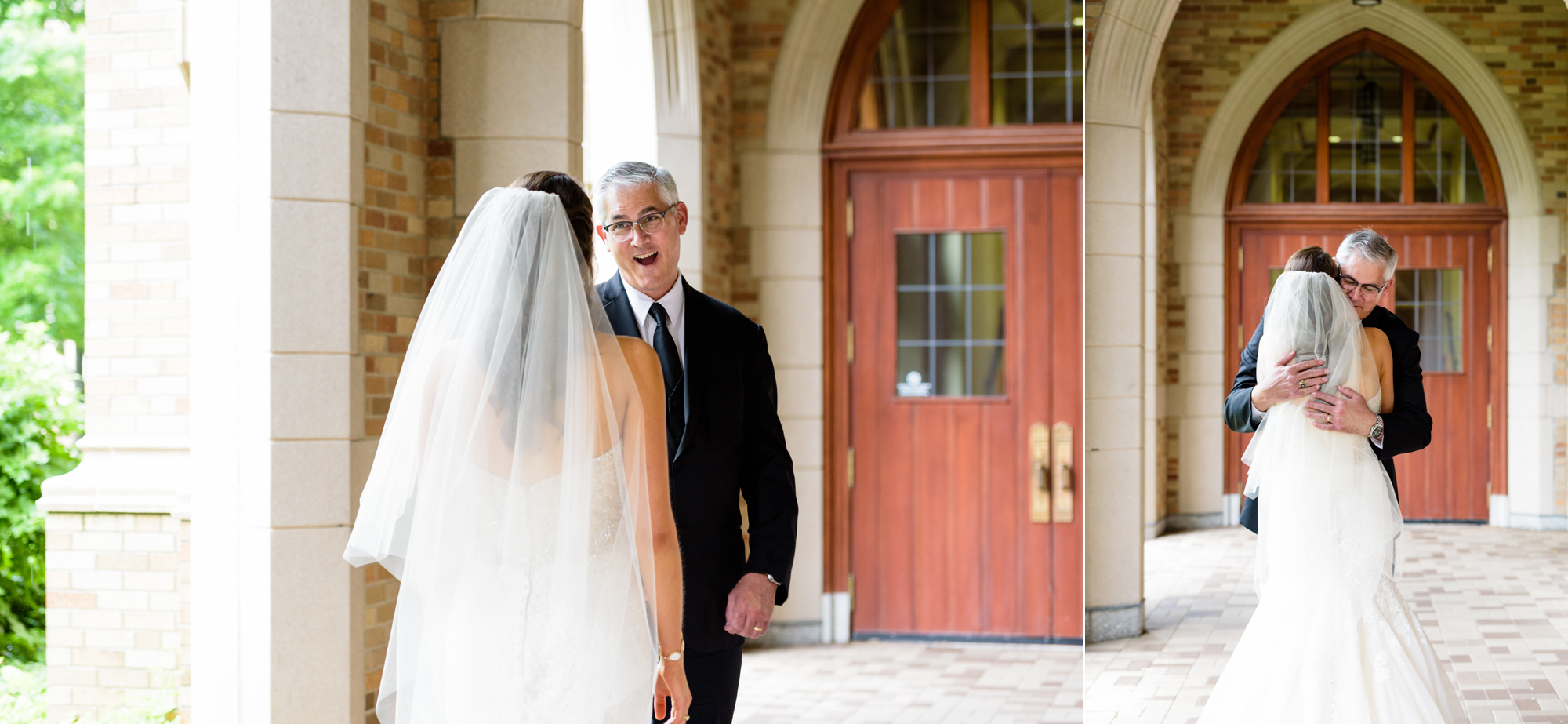 Daddy Daughter first look before a wedding ceremony at the Basilica of the Sacred Heart on the campus of the University of Notre Dame