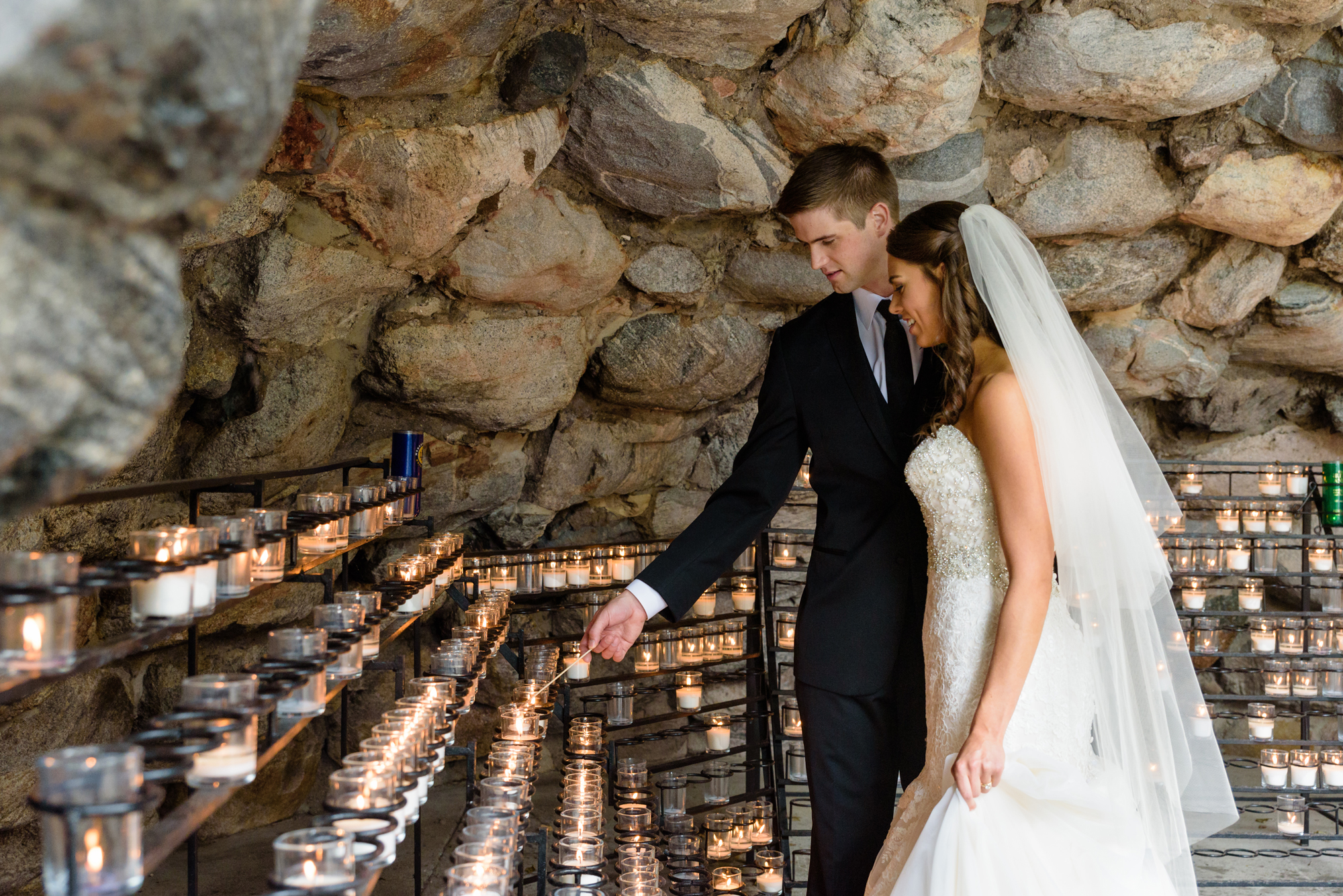 Bride & Groom at the Grotto after their wedding ceremony at the Basilica of the Sacred Heart on the campus of the University of Notre Dame