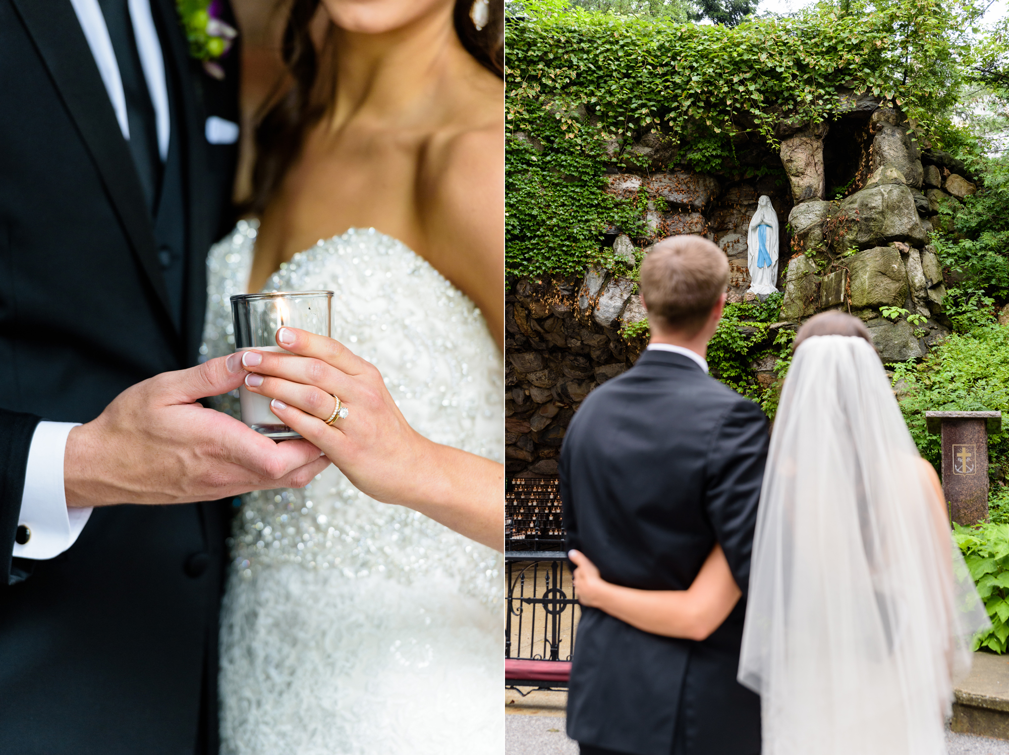 Bride & Groom at the Grotto after their wedding ceremony at the Basilica of the Sacred Heart on the campus of the University of Notre Dame