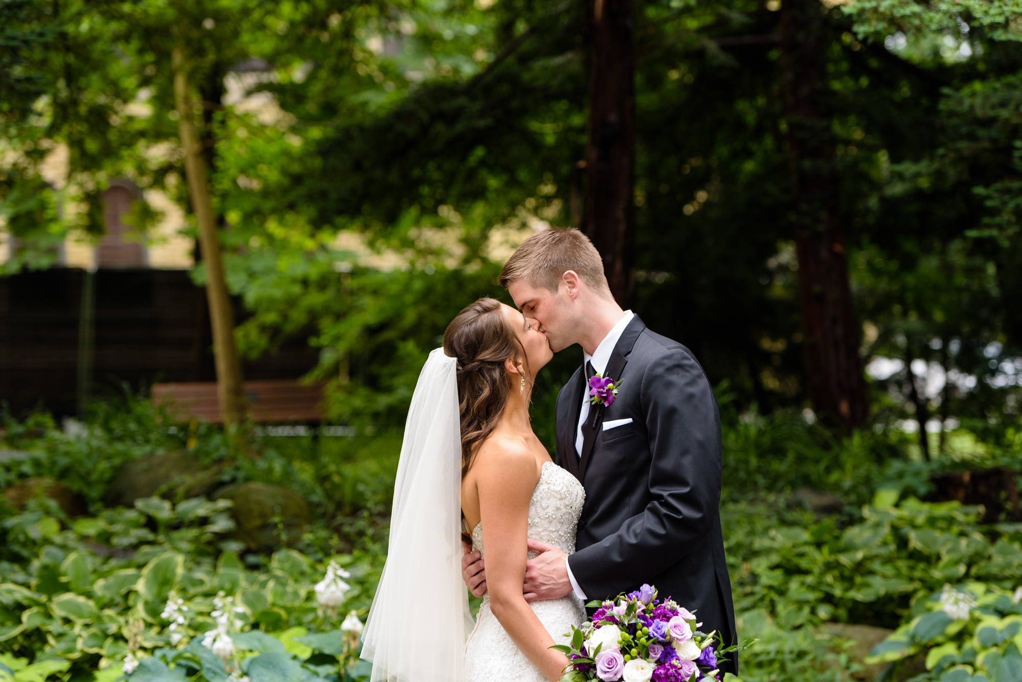 Bride & Groom at the Grotto after their wedding ceremony at the Basilica of the Sacred Heart on the campus of the University of Notre Dame