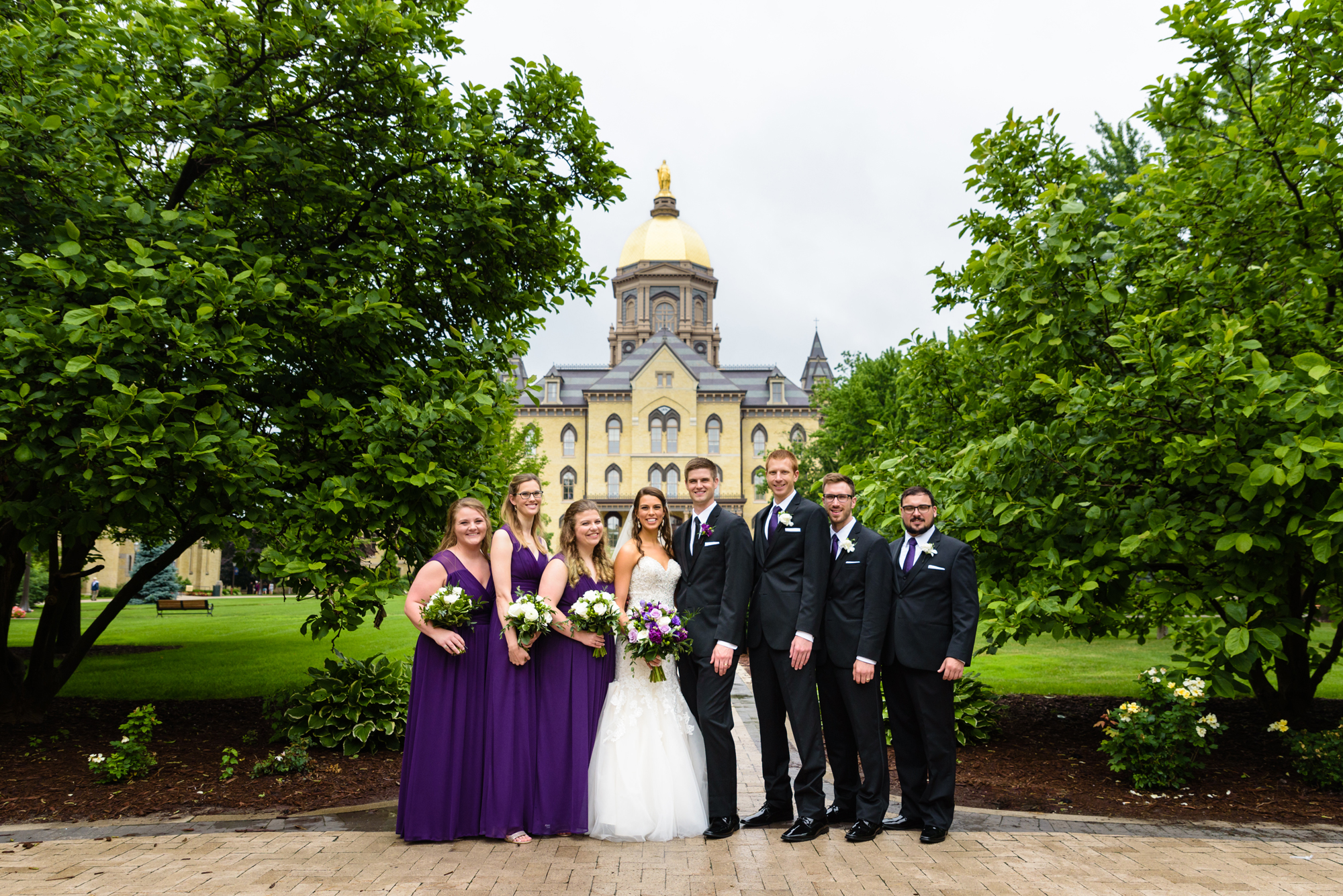 Bridal Party at the Golden Dome after their wedding ceremony at the Basilica of the Sacred Heart on the campus of the University of Notre Dame