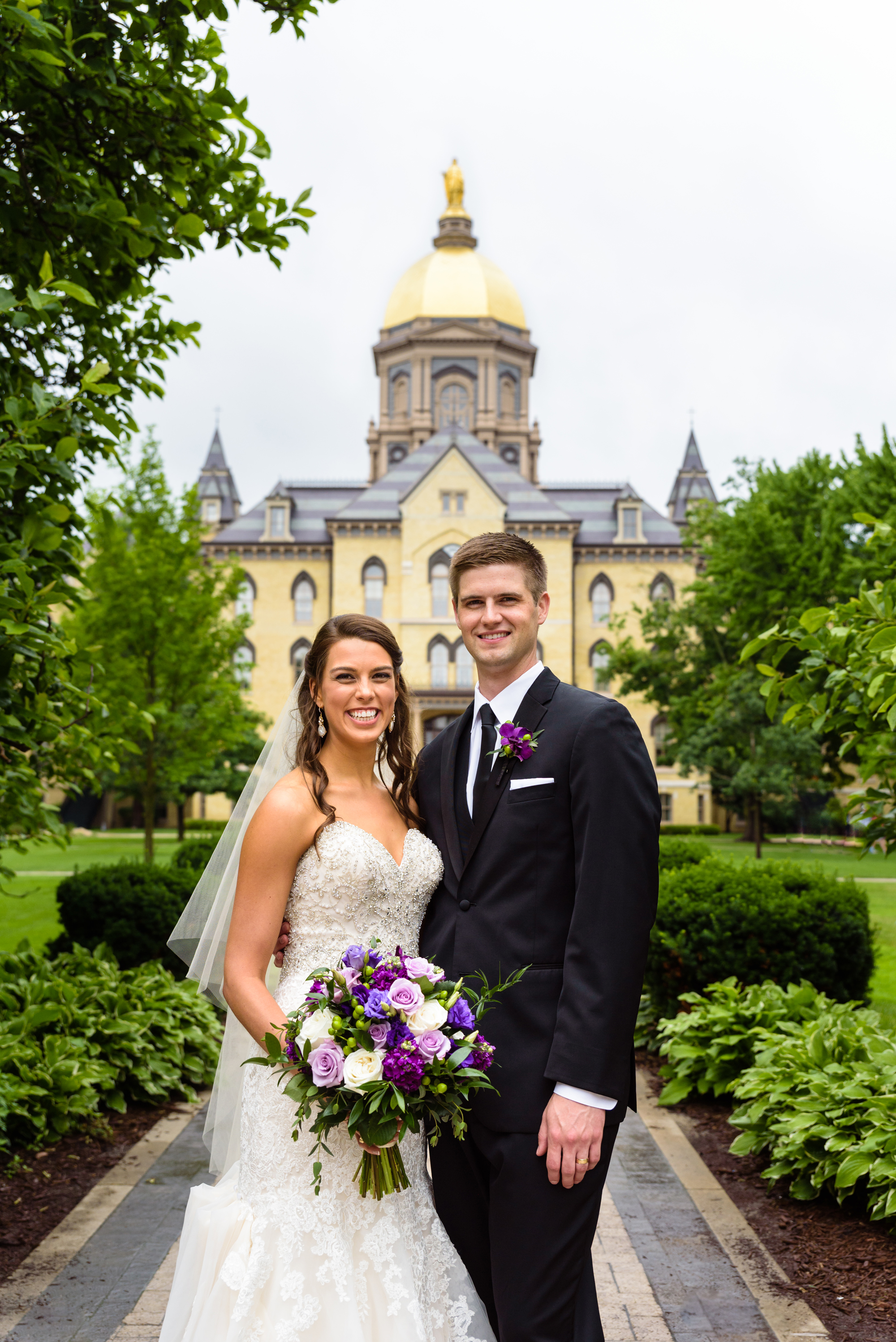 Bride & Groom at the Golden Dome after their wedding ceremony at the Basilica of the Sacred Heart on the campus of the University of Notre Dame