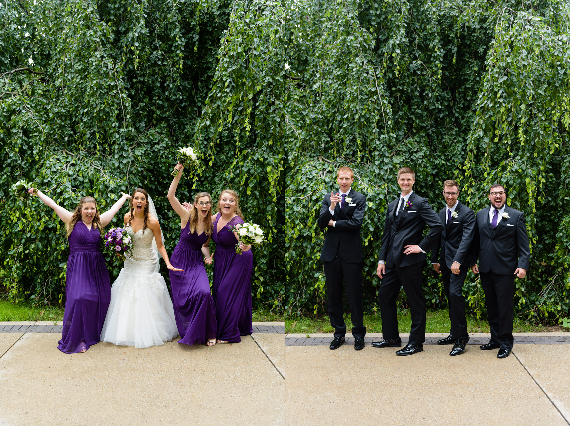 Bridal Party in front of an exotic California inspired tree after a wedding ceremony at the Basilica of the Sacred Heart on the campus of the University of Notre Dame