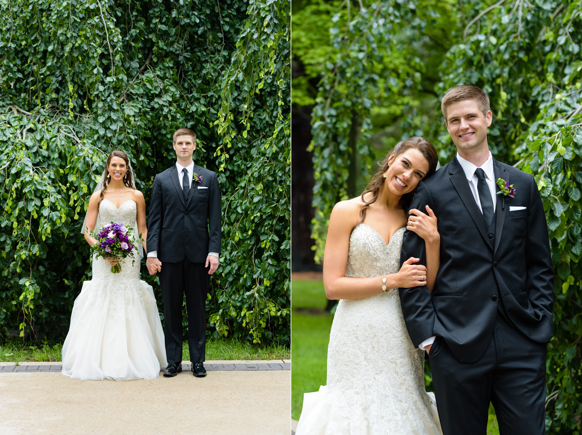 Bride & Groom in front of an exotic California inspired tree after their wedding ceremony at the Basilica of the Sacred Heart on the campus of the University of Notre Dame