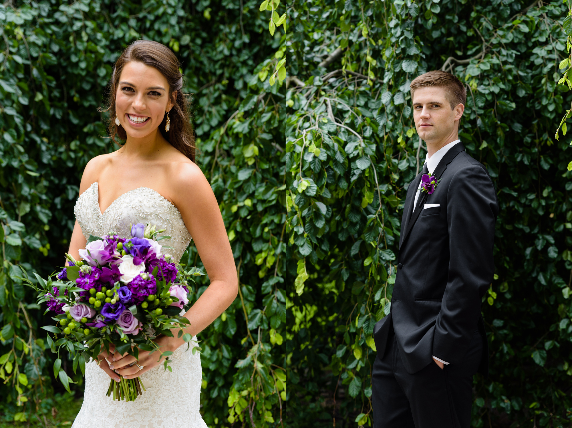 Bride & Groom in front of an exotic California inspired tree after their wedding ceremony at the Basilica of the Sacred Heart on the campus of the University of Notre Dame