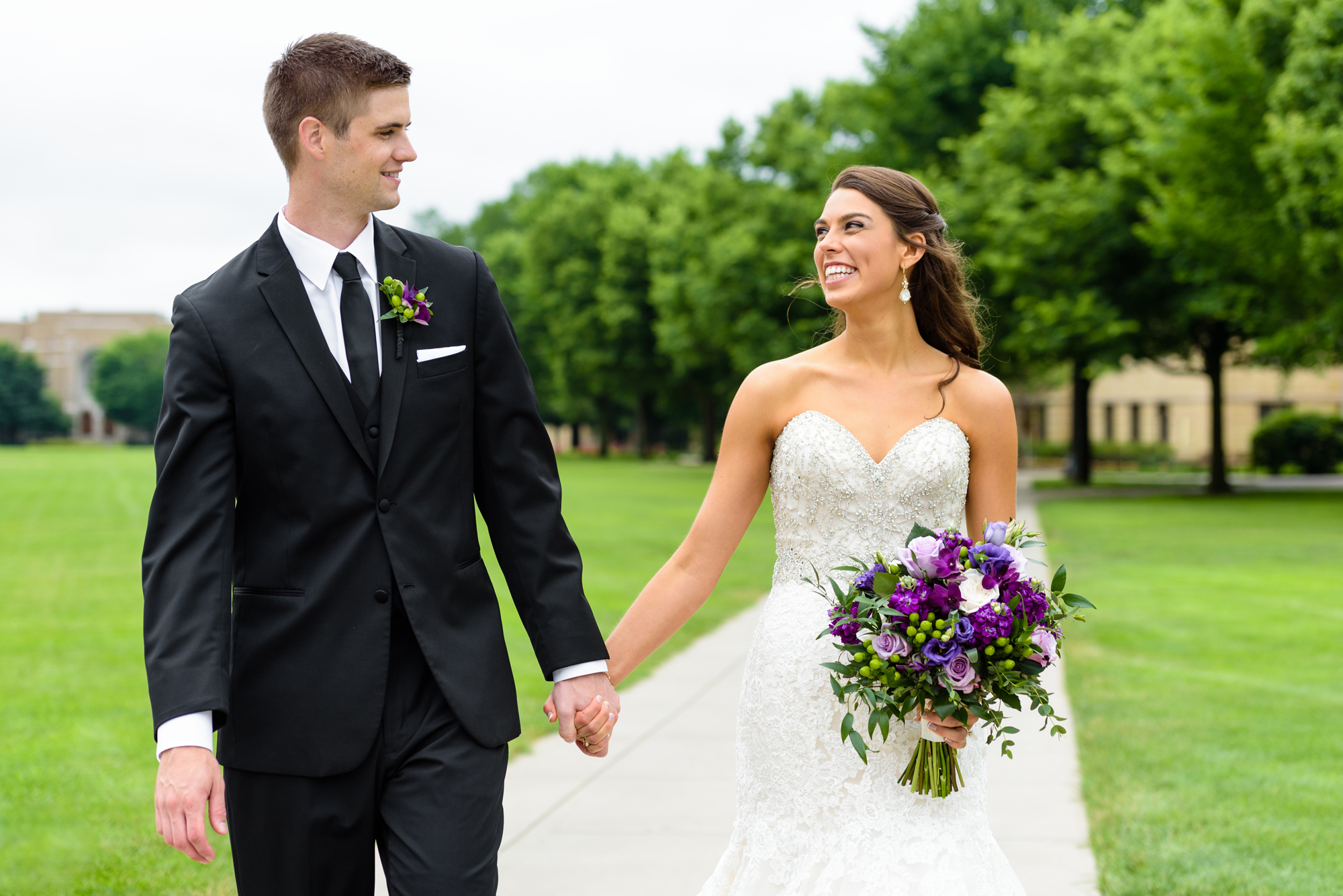 Bride & Groom on South Quad after their wedding ceremony at the Basilica of the Sacred Heart on the campus of the University of Notre Dame