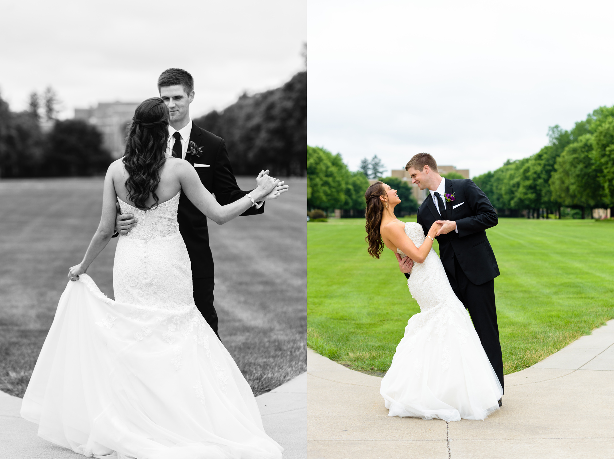 Bride & Groom on South Quad after their wedding ceremony at the Basilica of the Sacred Heart on the campus of the University of Notre Dame