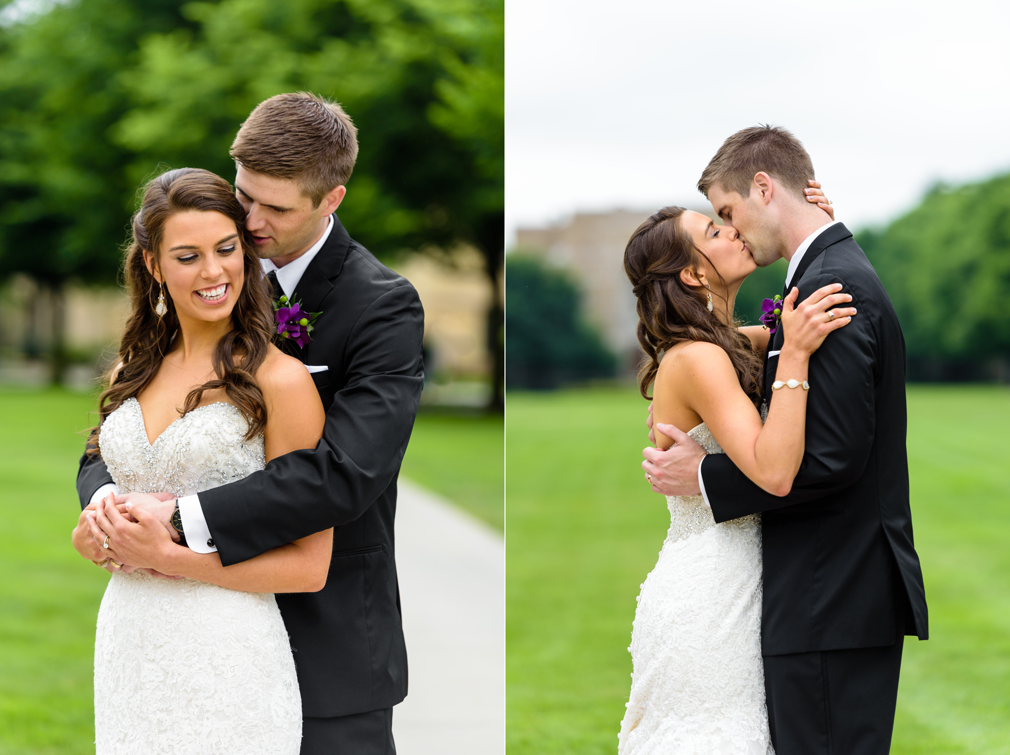 Bride & Groom on South Quad after their wedding ceremony at the Basilica of the Sacred Heart on the campus of the University of Notre Dame