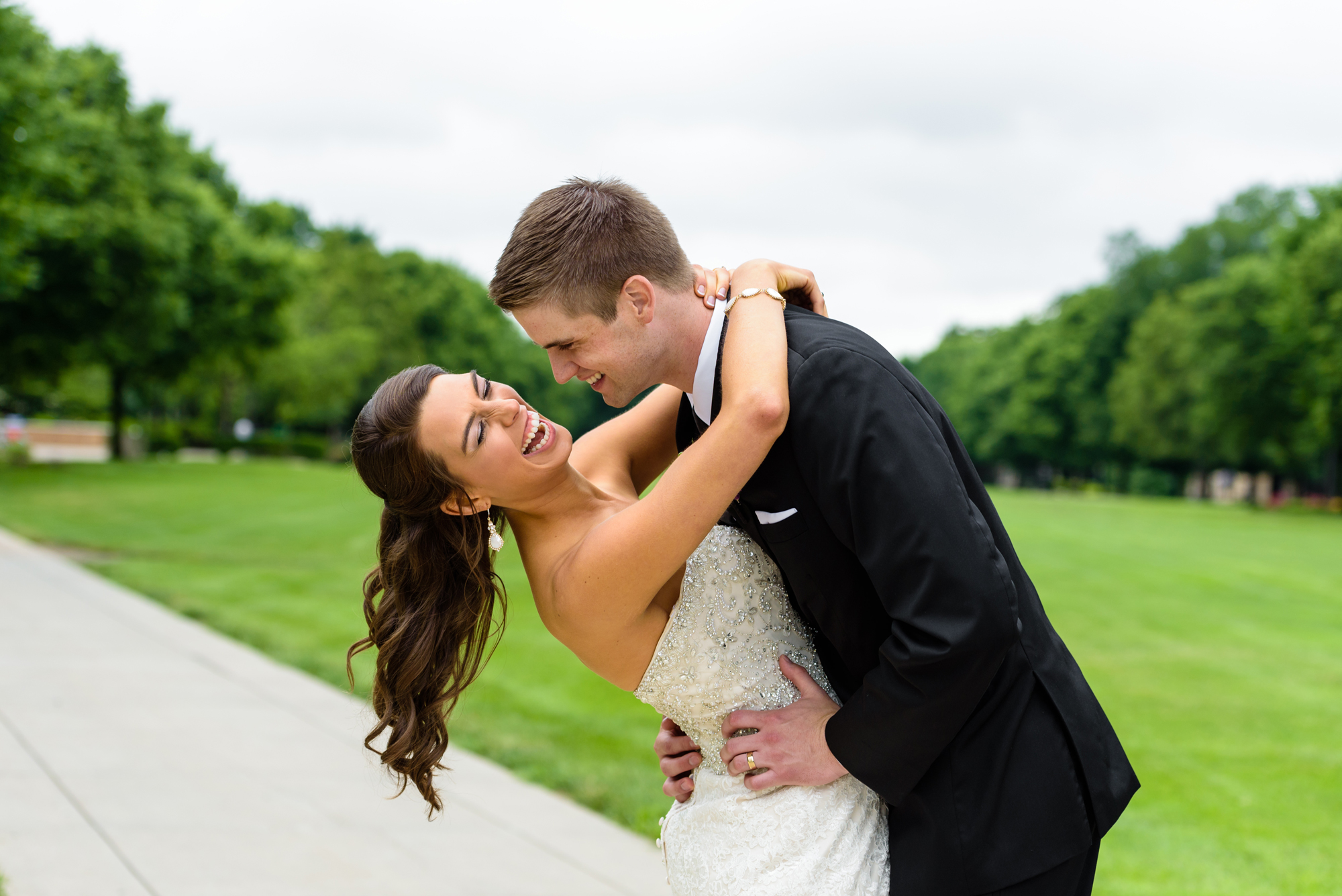 Bride & Groom on South Quad after their wedding ceremony at the Basilica of the Sacred Heart on the campus of the University of Notre Dame