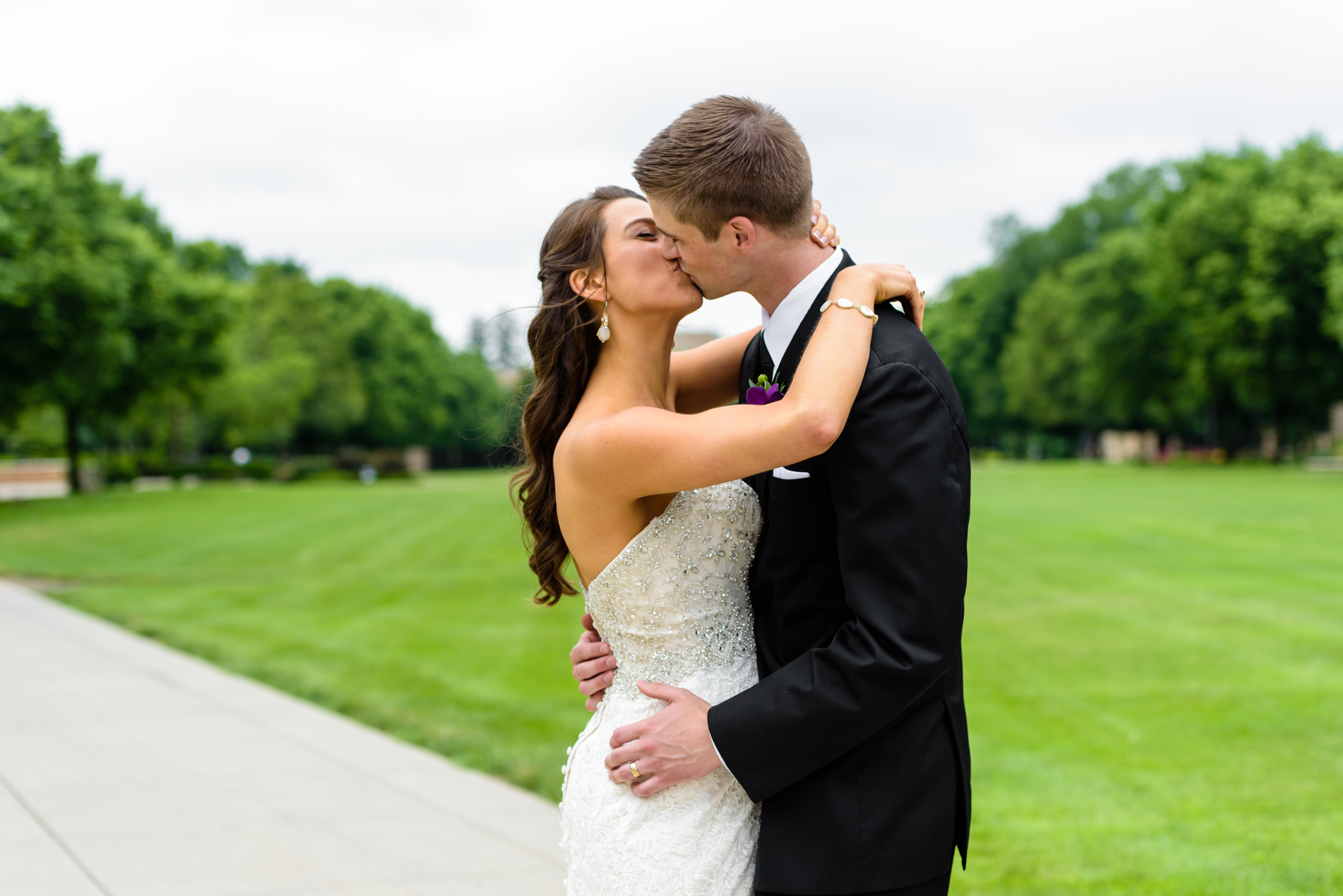 Bride & Groom on South Quad after their wedding ceremony at the Basilica of the Sacred Heart on the campus of the University of Notre Dame