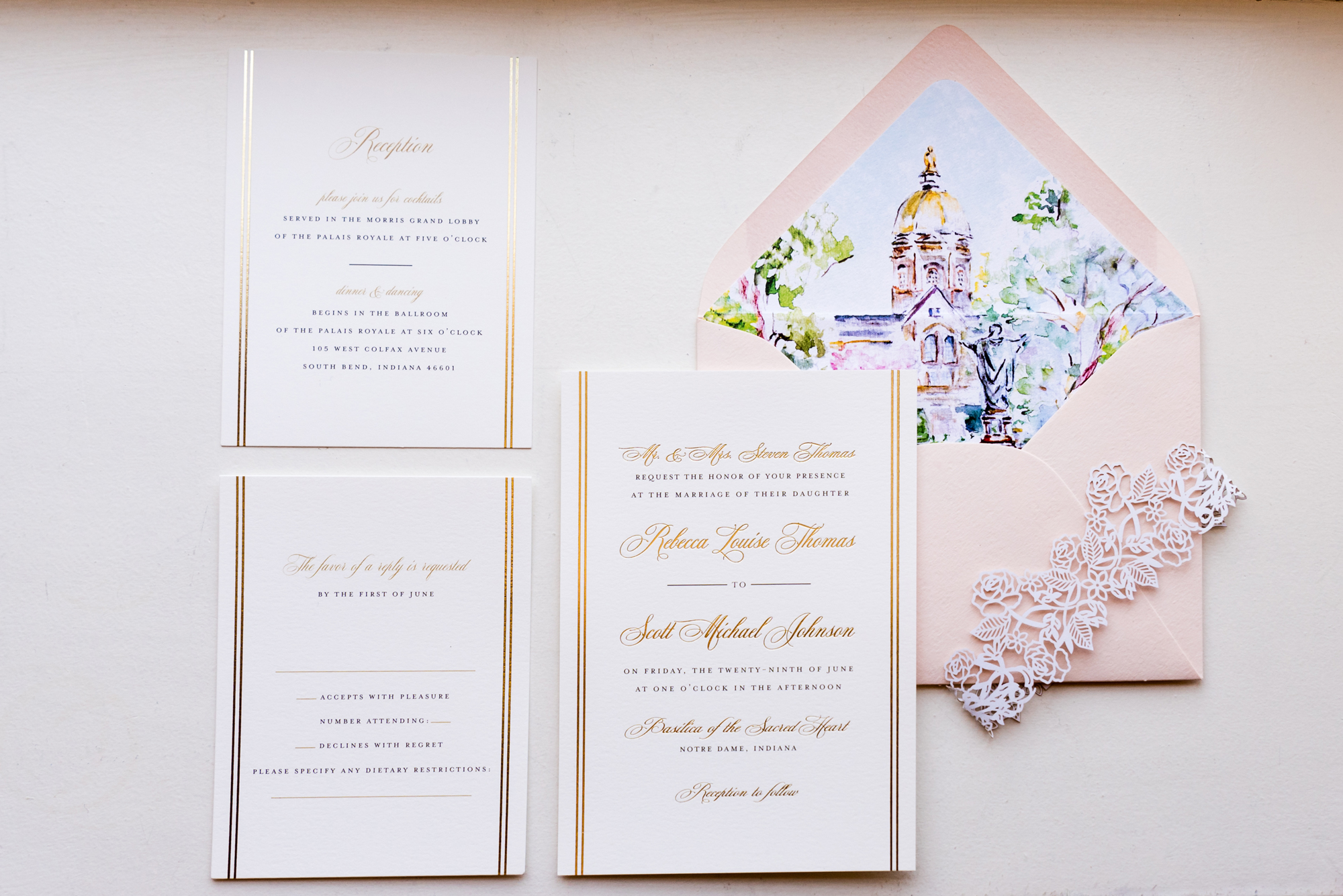 Bride’s Details Invitations for her wedding ceremony at the Basilica of the Sacred Heart on the campus of the University of Notre Dame