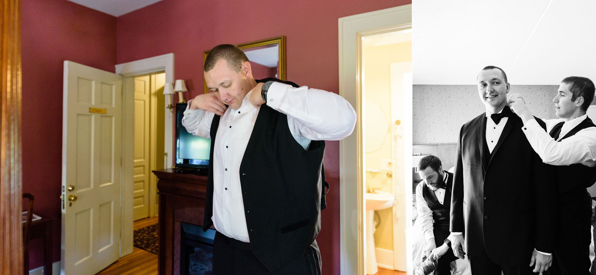 Groom getting ready for his wedding ceremony at the Basilica of the Sacred Heart on the campus of the University of Notre Dame