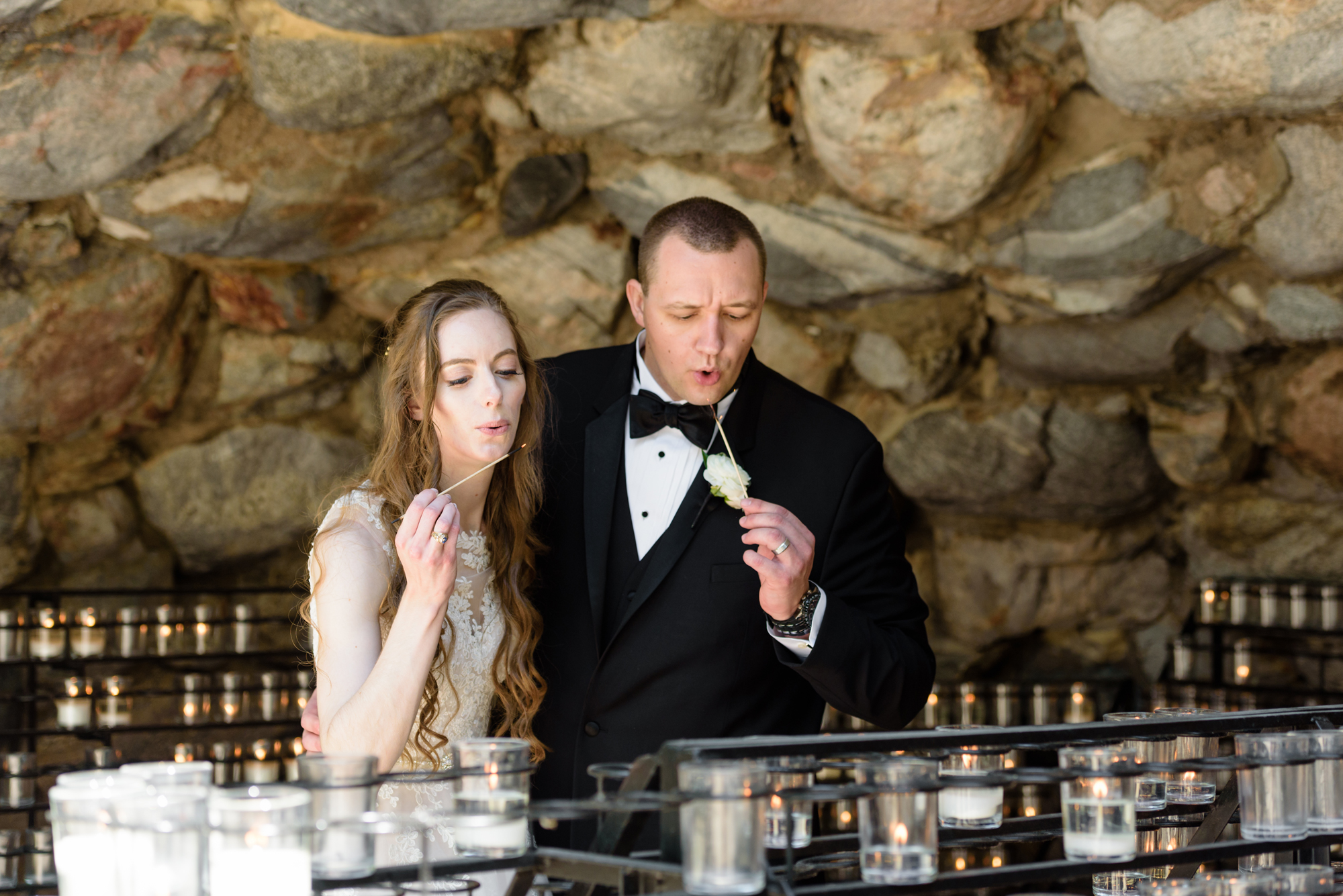 Bride & Groom at the Grotto after their wedding ceremony at the Basilica of the Sacred Heart on the campus of the University of Notre Dame