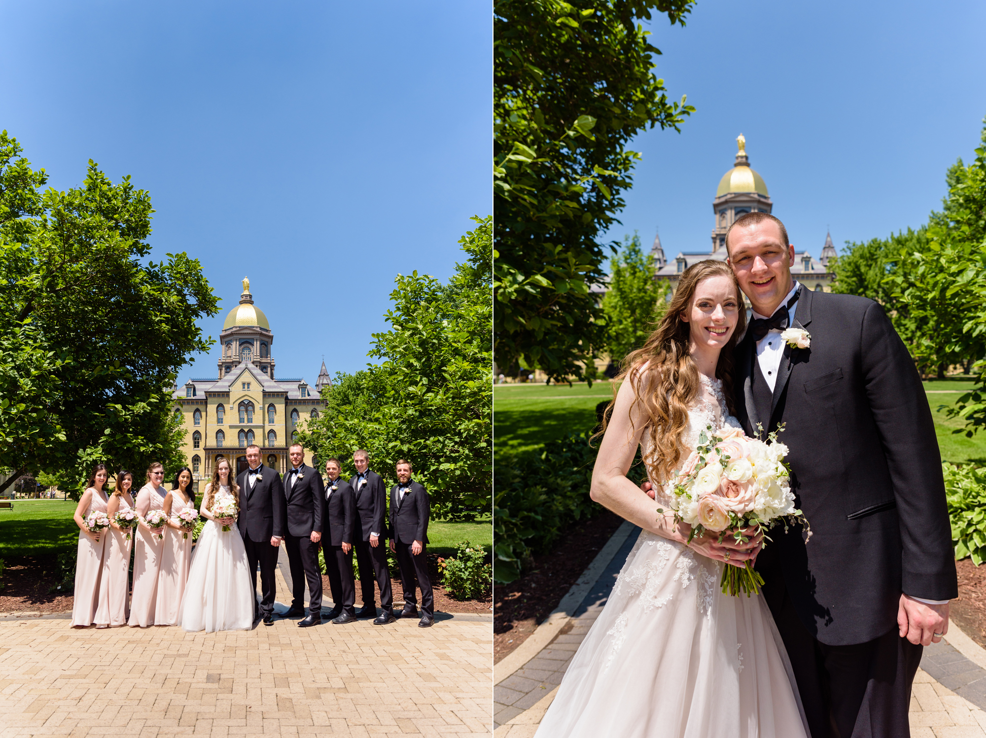 Bridal Party at the Golden Dome after a wedding ceremony at the Basilica of the Sacred Heart on the campus of the University of Notre Dame