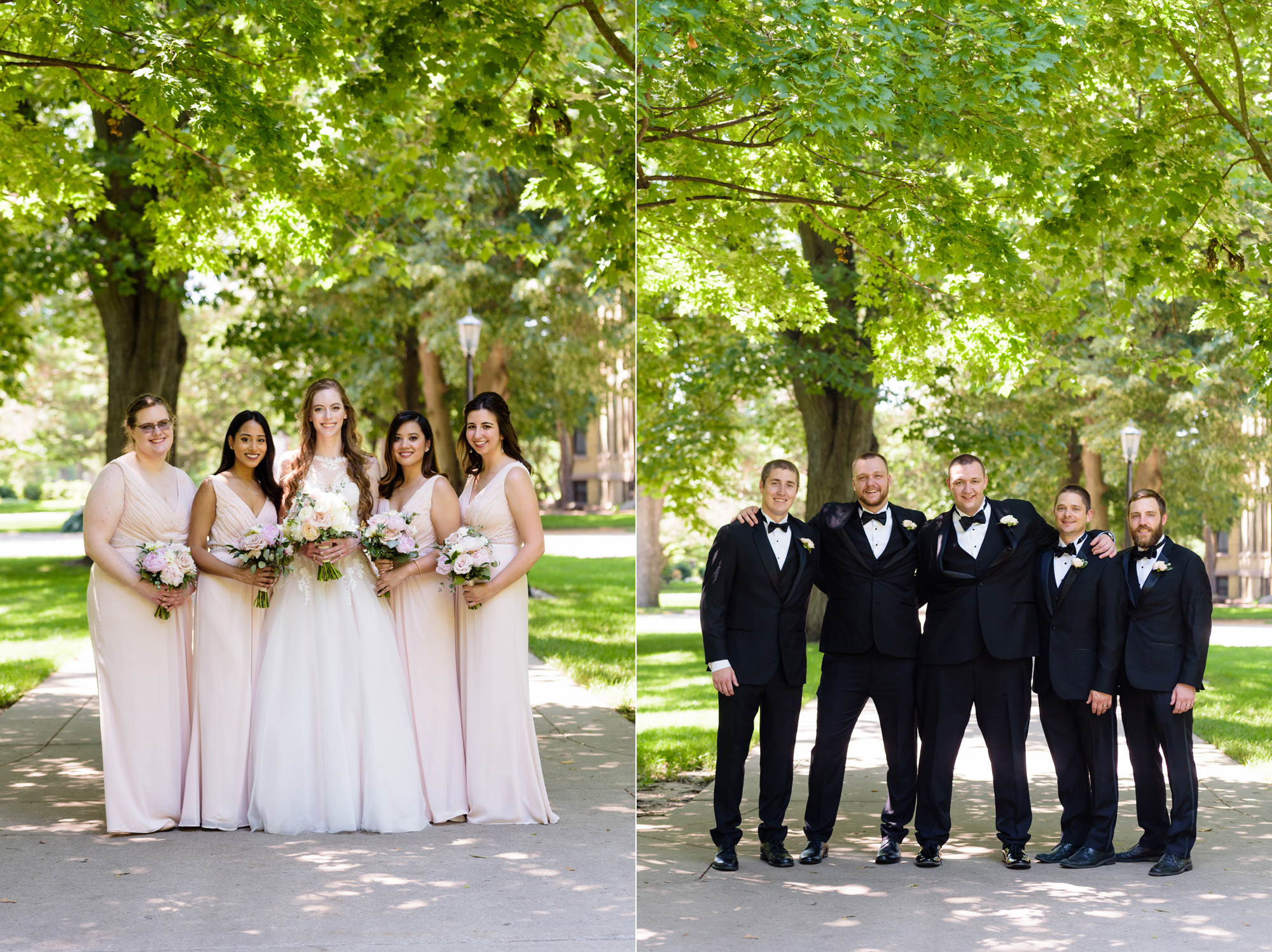 Bridal Party on God Quad after a wedding ceremony at the Basilica of the Sacred Heart on the campus of the University of Notre Dame