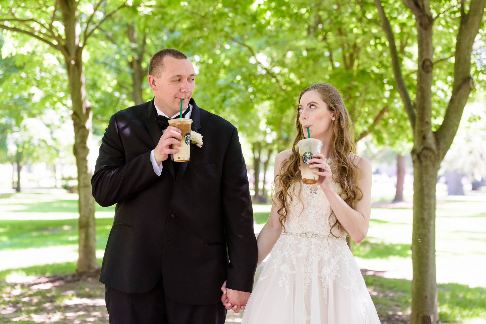 Bride & Groom on God Quad after their wedding ceremony at the Basilica of the Sacred Heart on the campus of the University of Notre Dame