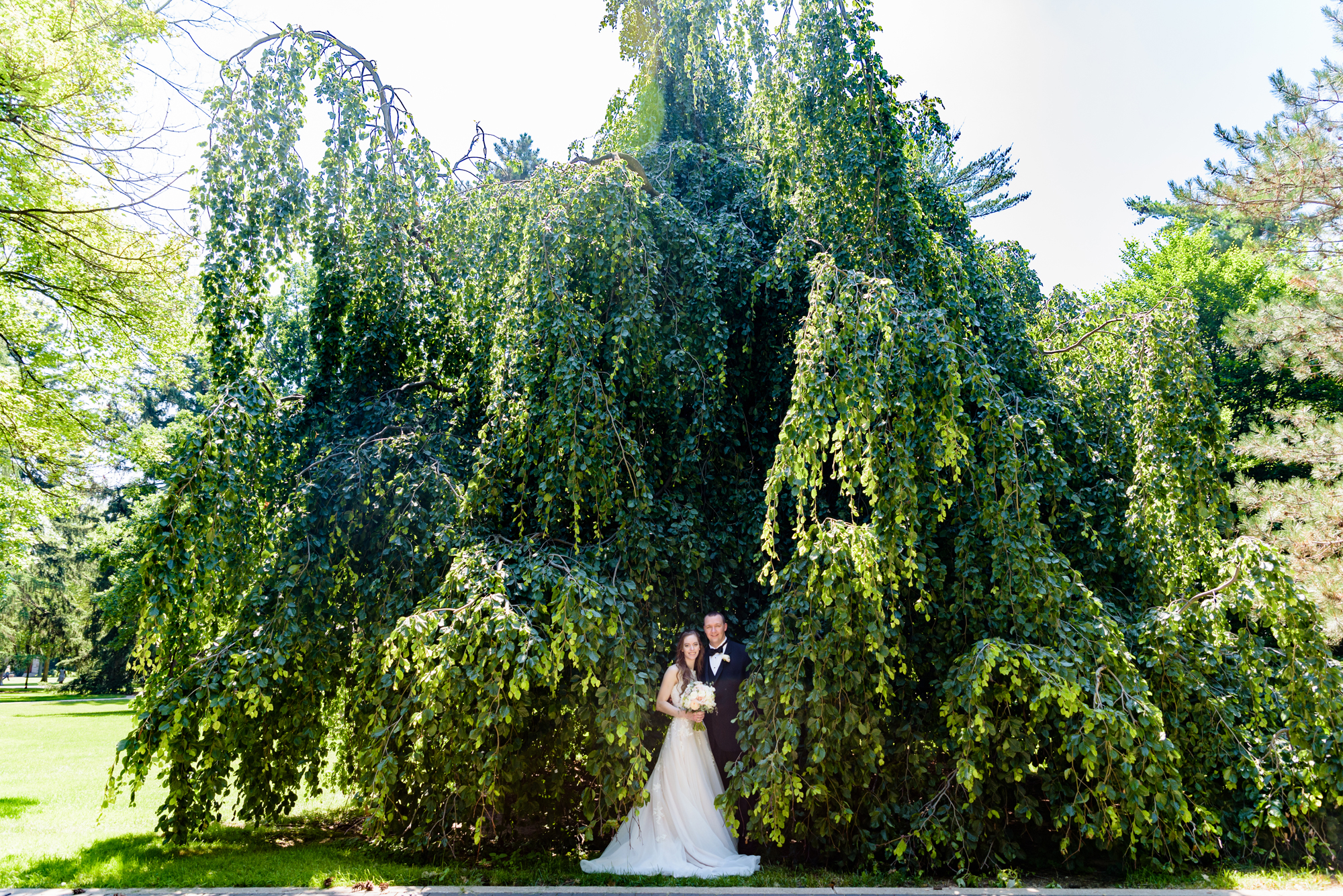 Bride & Groom in front of an exotic California inspired tree after their wedding ceremony at the Basilica of the Sacred Heart on the campus of the University of Notre Dame