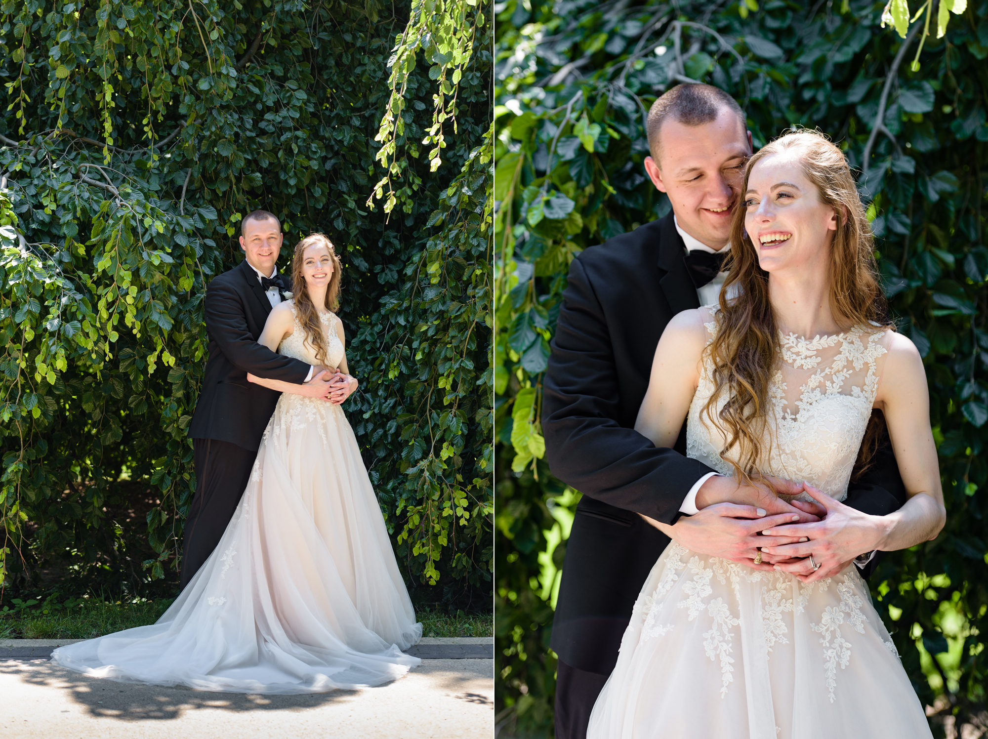 Bride & Groom in front of an exotic California inspired tree after their wedding ceremony at the Basilica of the Sacred Heart on the campus of the University of Notre Dame