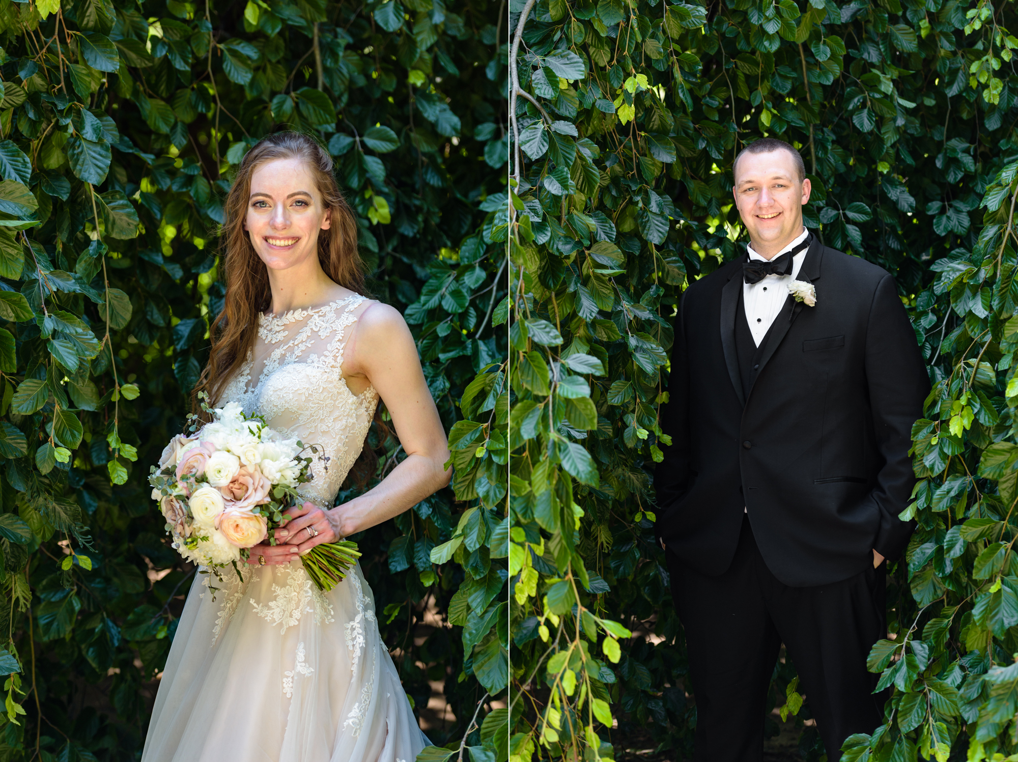 Bride & Groom in front of an exotic California inspired tree after their wedding ceremony at the Basilica of the Sacred Heart on the campus of the University of Notre Dame