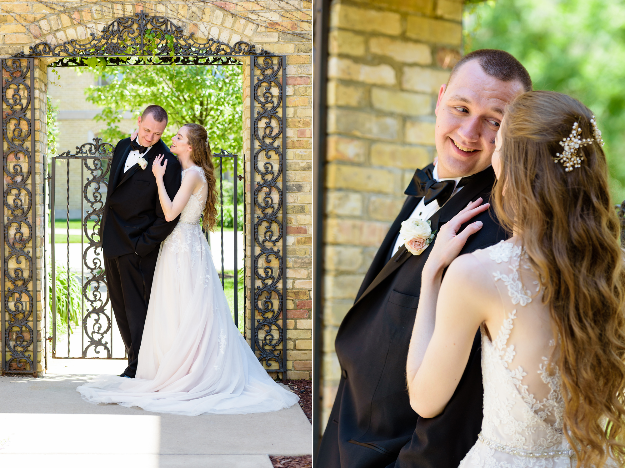 Bride & Groom outside Bronson Hall after their wedding ceremony at the Basilica of the Sacred Heart on the campus of the University of Notre Dame