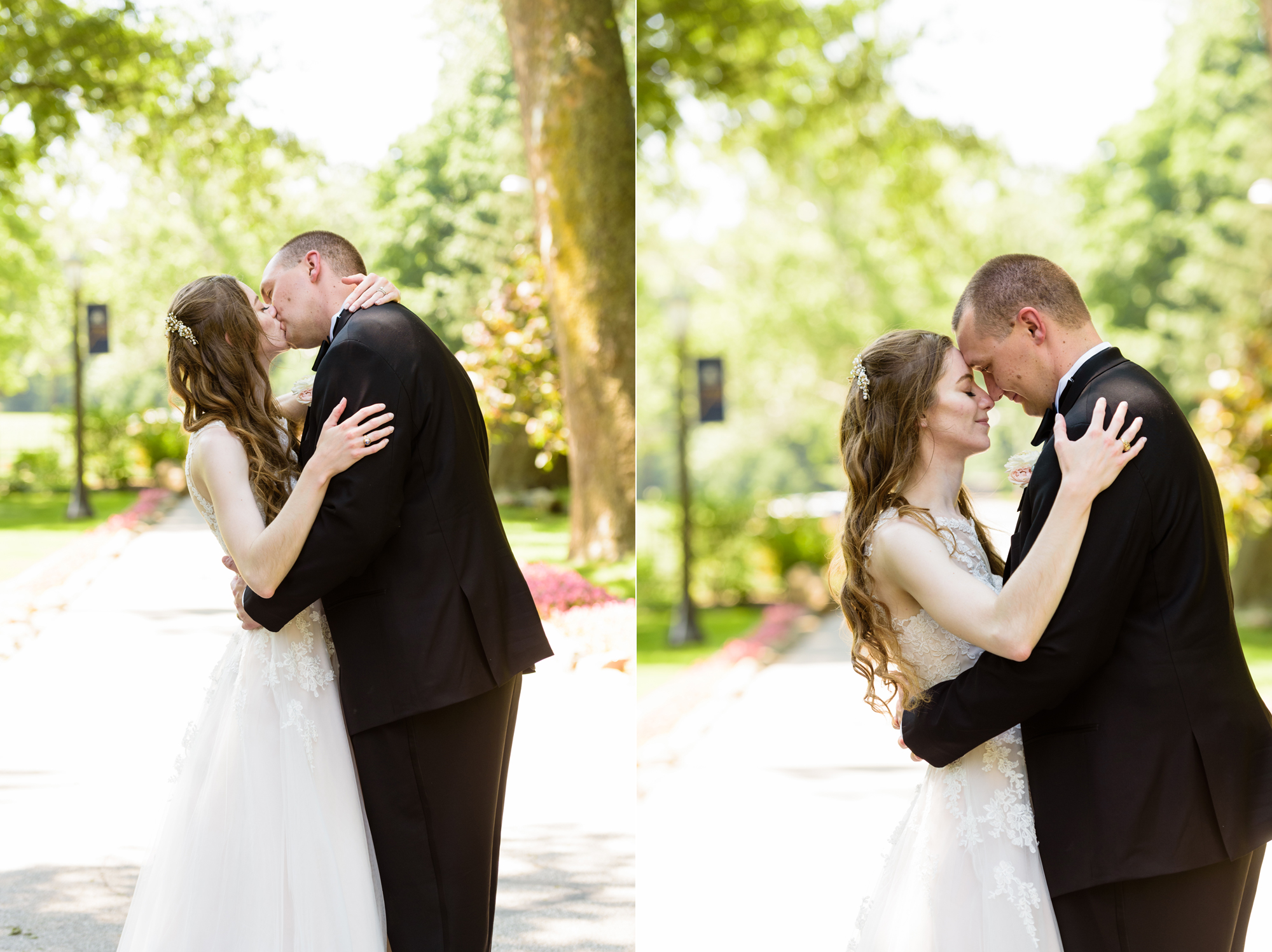 Bride & Groom by the Grotto and lakes after their wedding ceremony at the Basilica of the Sacred Heart on the campus of the University of Notre Dame